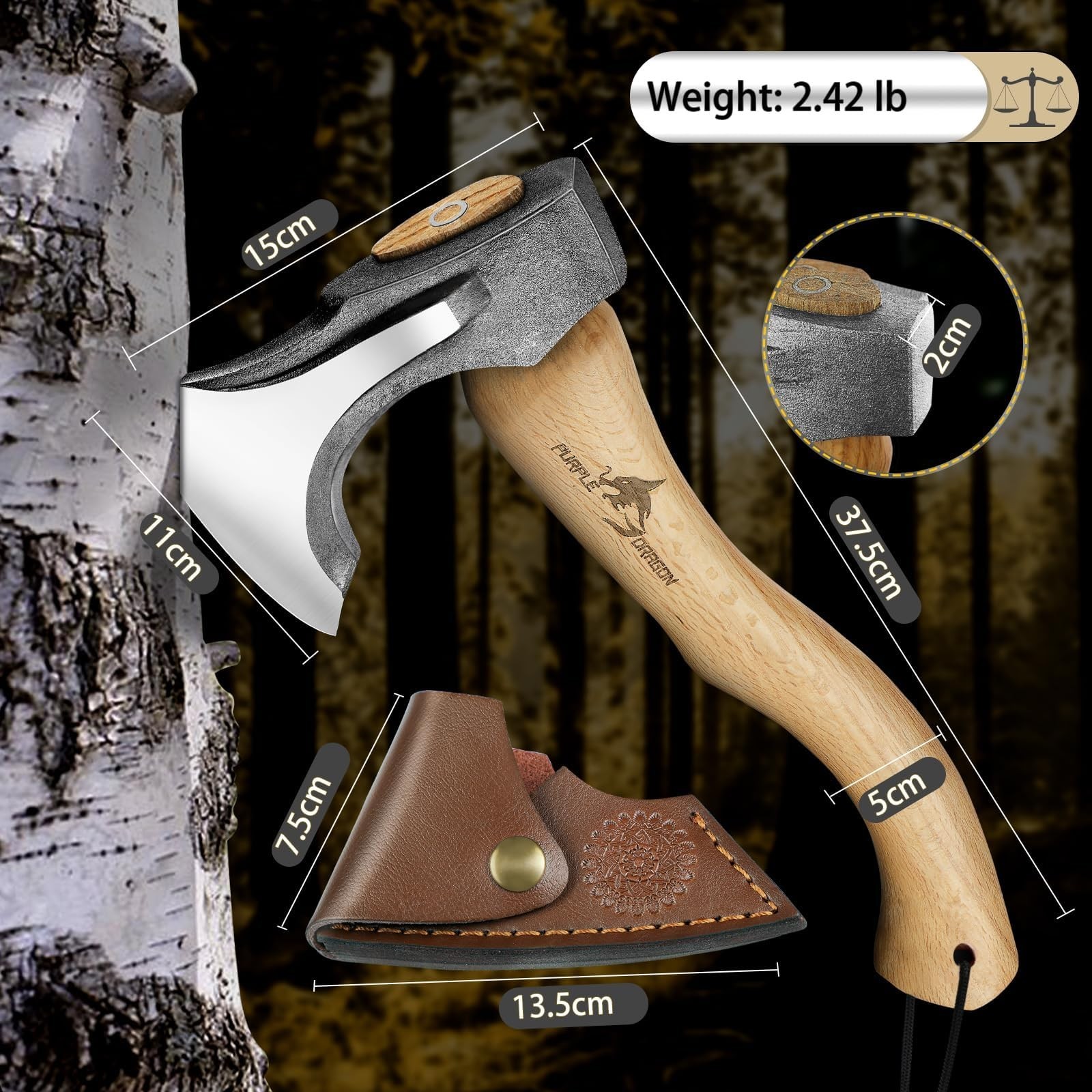 14.7″ Hand Forged Camping Hatchet – Outdoor Splitting Axe & Carving Tool with Sh