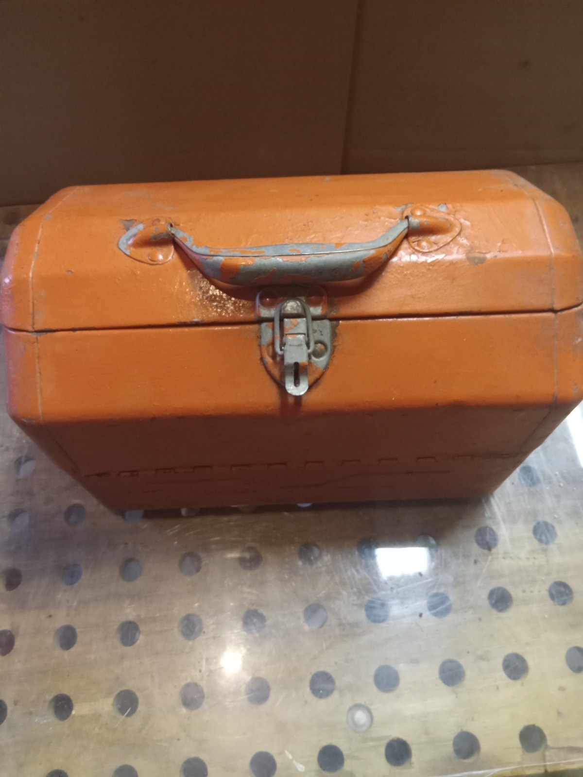 vintage metal toolbox with multiple tool trays inside, missing hasp to lock