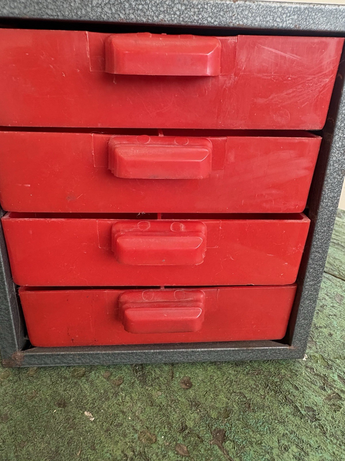 Vintage DUNLAP 4 Drawer Organizer Metal Cabinet Red Plastic Drawers Small Parts