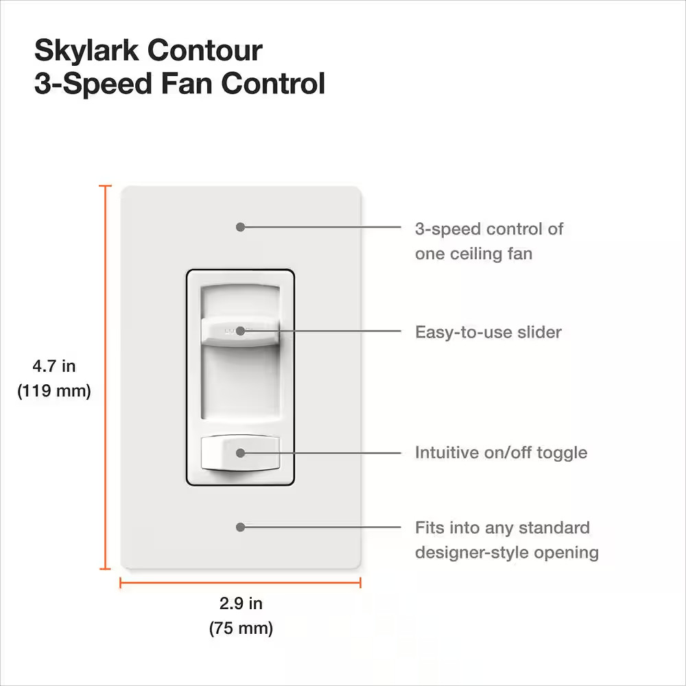 Skylark Contour Fan Control, Quiet 3-Speed, 1.5-Amp/Single-Pole or 3-Way, White