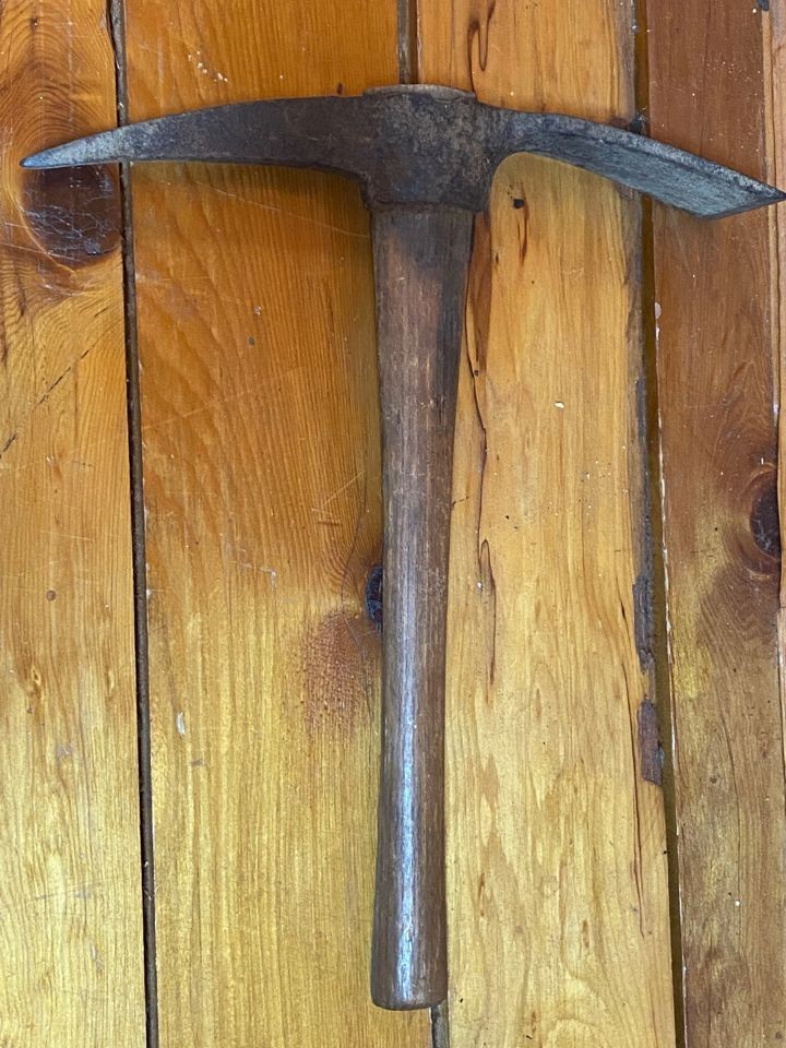 Antique Iron Mattock Head Pickaxe With Wooden Handle Engraved U.S.