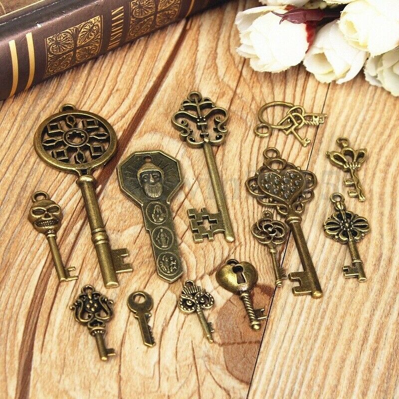 69 Pcs Set Antique Vintage Old Look Ornate Skeleton Key Fancy Heart Bow Decor US