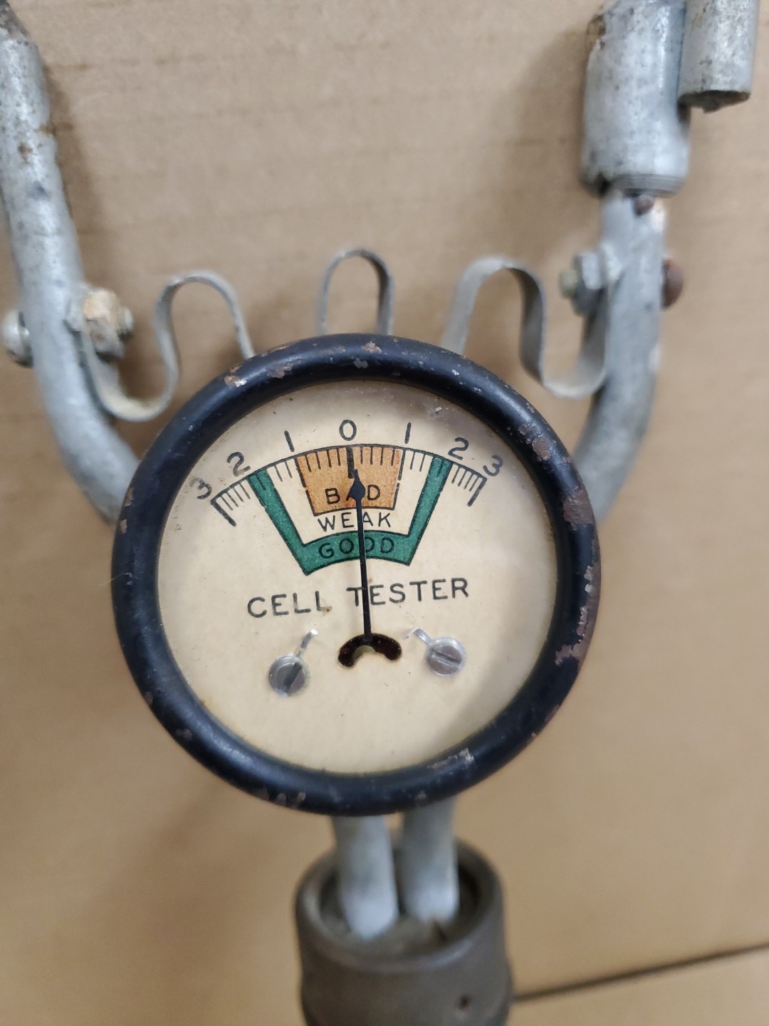 Vintage Battery Cell Tester Gauge 2-Prong W/ Wooden Handle