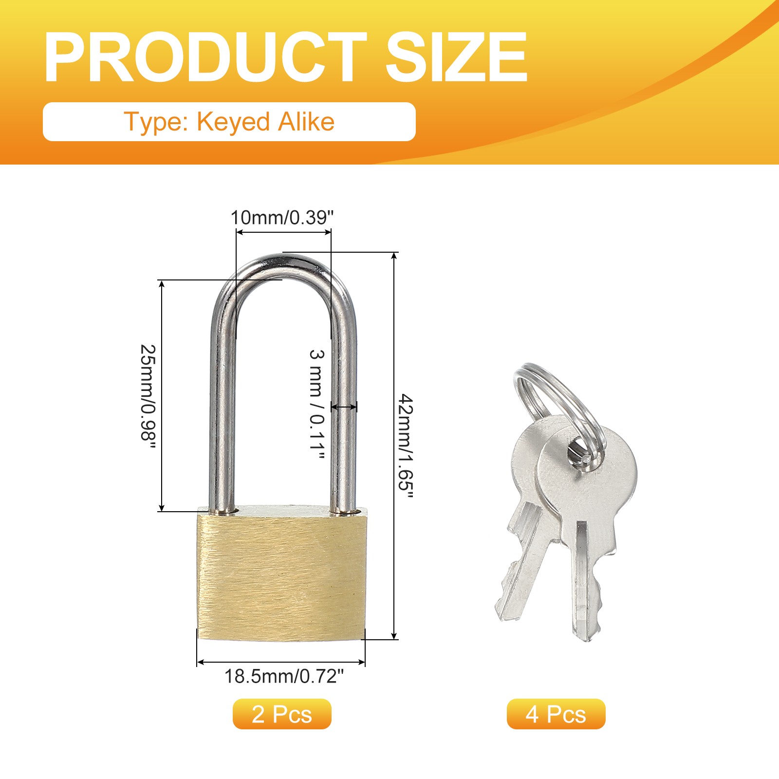2 Pcs Solid Brass Padlocks 1.6″ Long Shackle Lock with 2 Keys