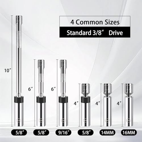 6-Piece Spark Plug Socket Set, 3/8-Inch Drive Magnetic Swivel, Thin-wall Sockets