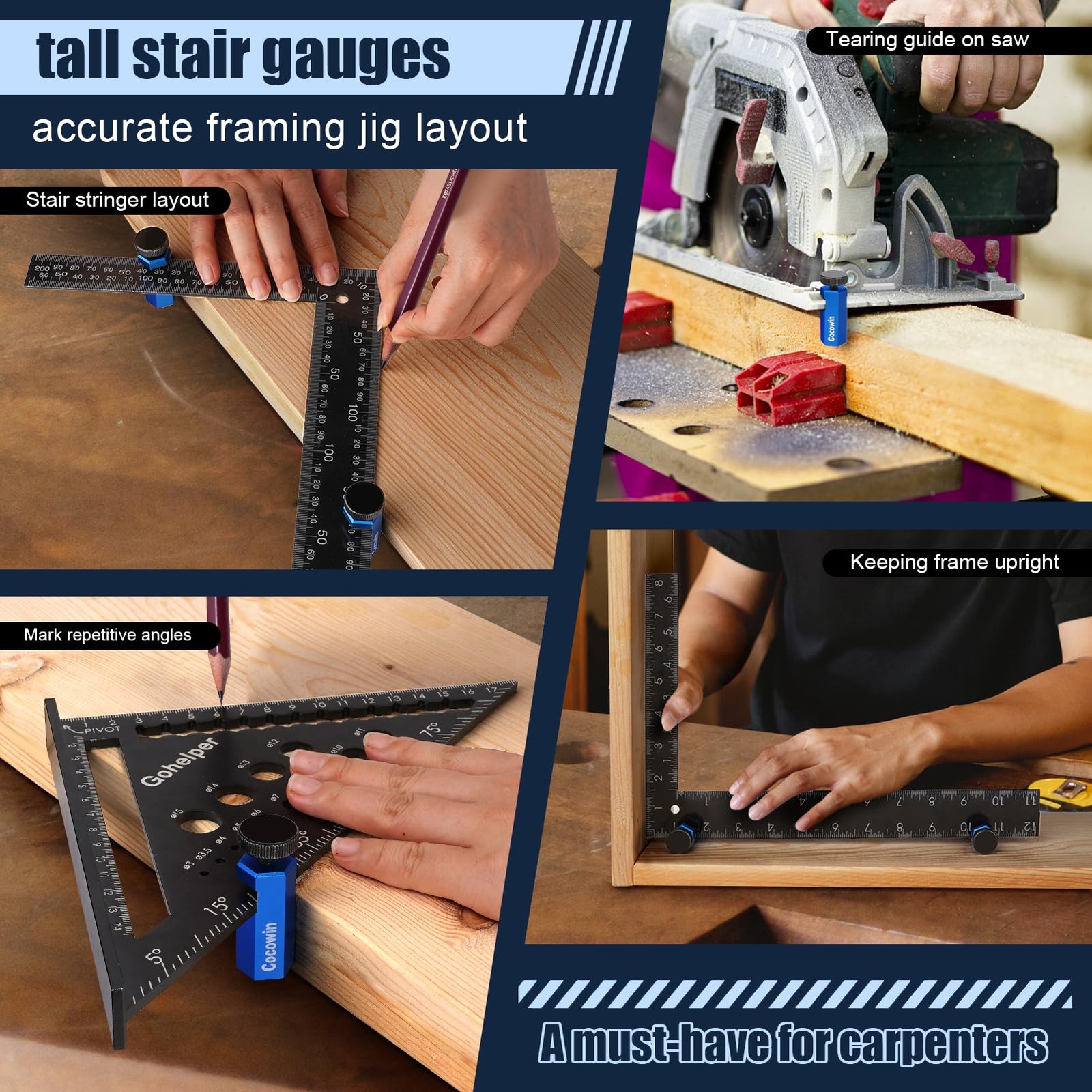 Tall Stair Gauges for Framing Square with Holder and Carabiner Stair guages K…