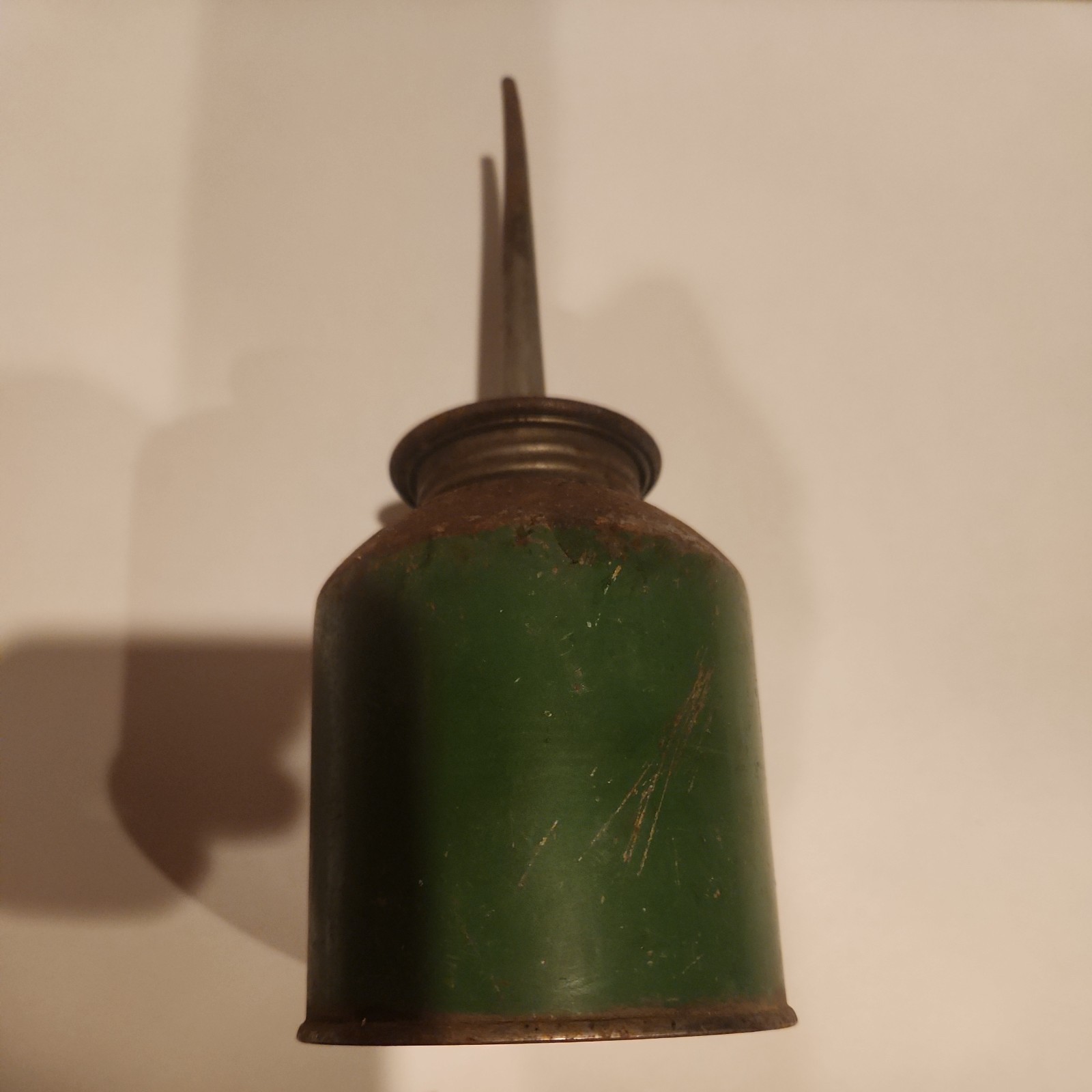 Vintage Green Metal Gas and Oil Can. Long Spout on oil can/wood handle on gas