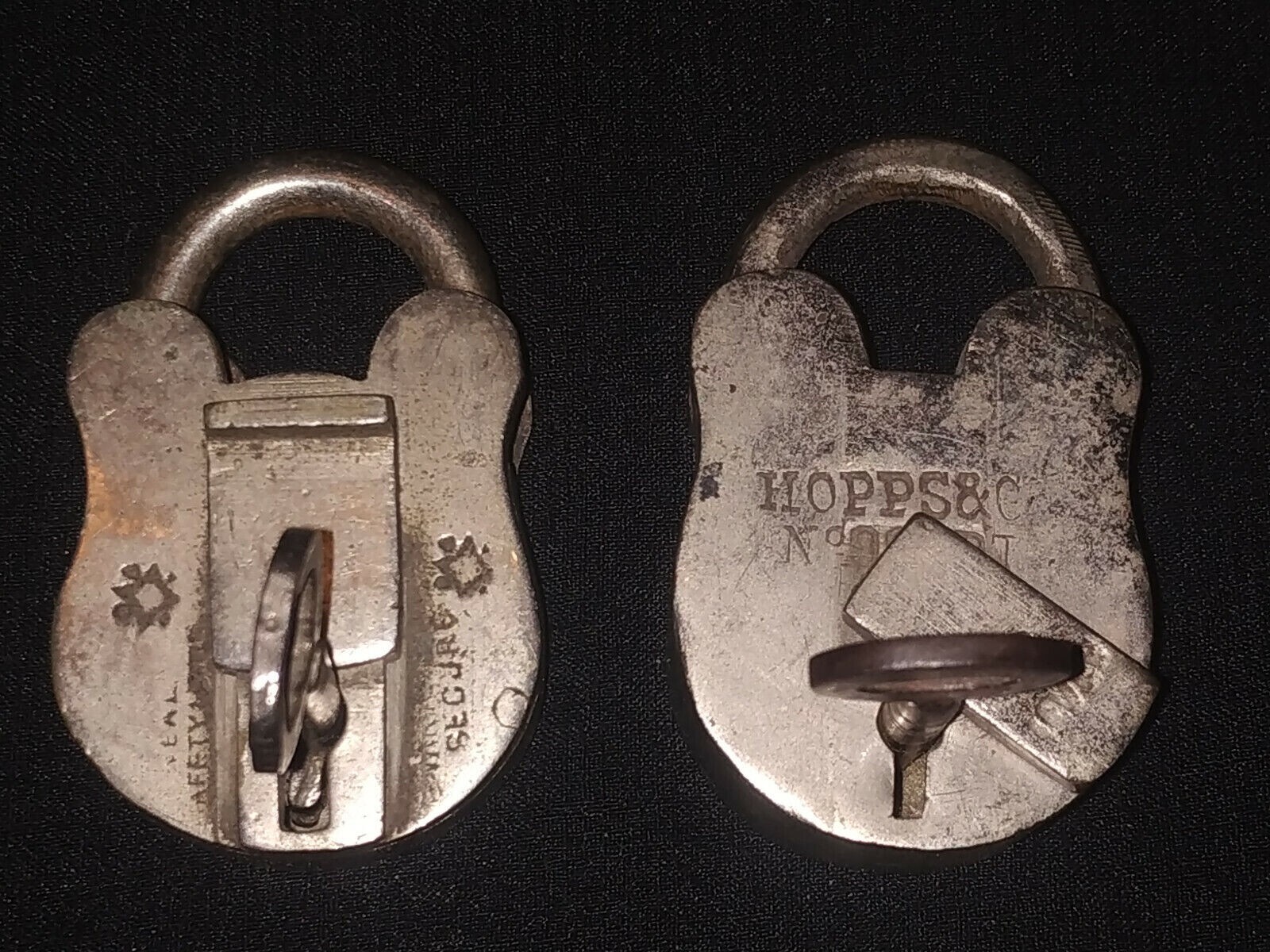 Vintage Indian Pair Of Pad Locks Brass Silver Plated Hopps & CO Patent Regd Mark