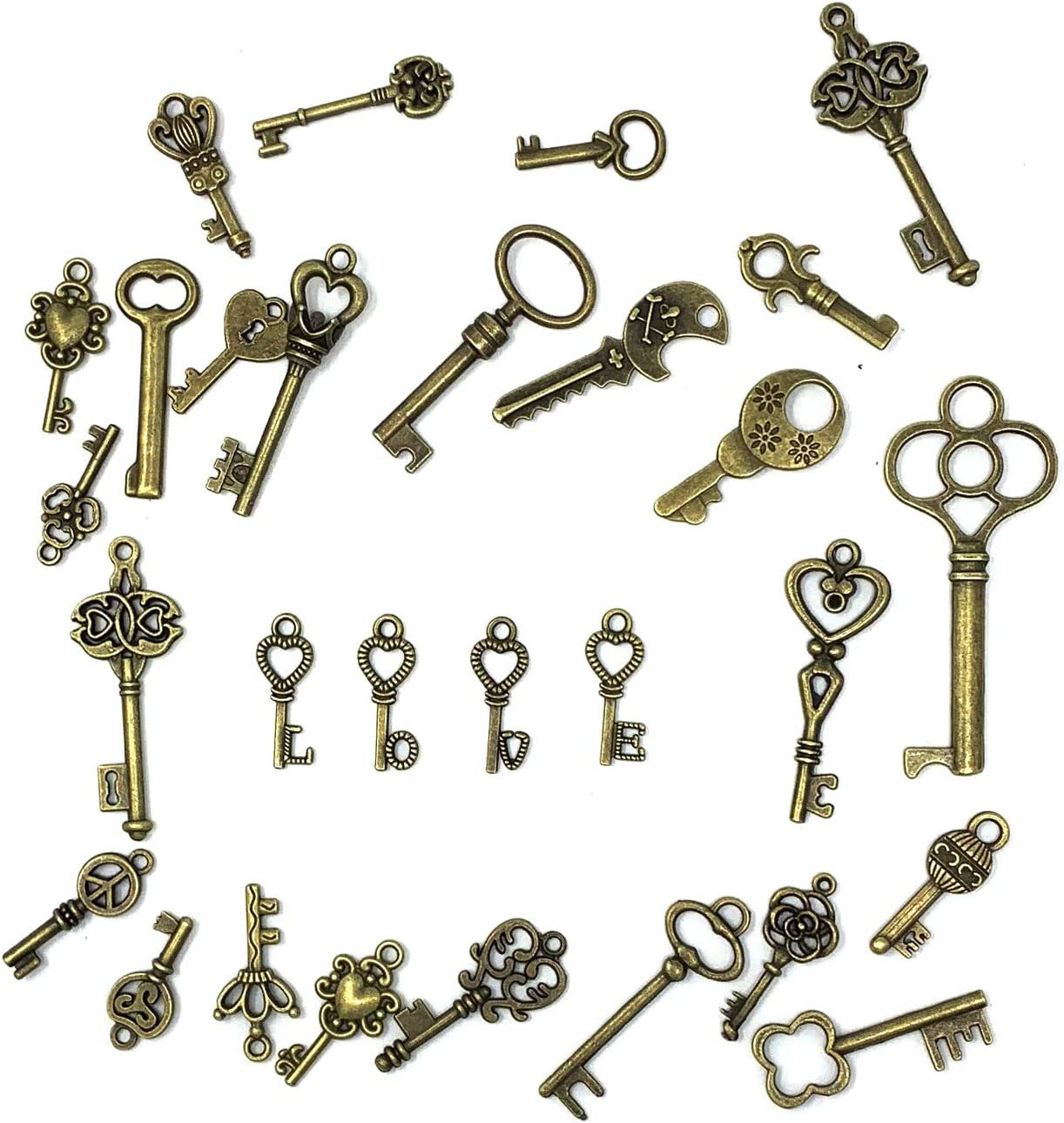 125 PCS Vintage Skeleton Key Set Charms, Mixed Antique Style Bronze Brass for P