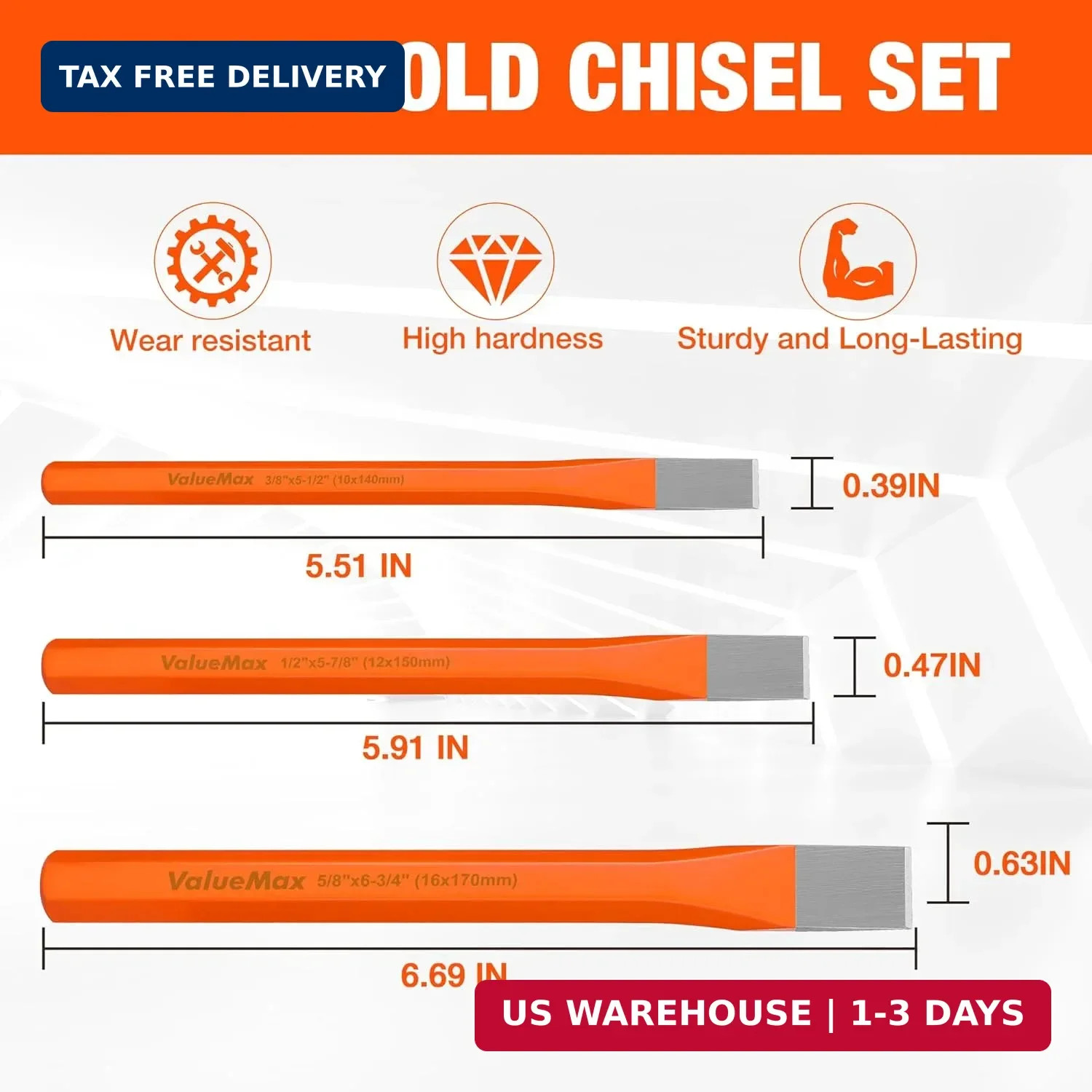 ValueMax 3-Piece Heavy Duty Cold Chisel Set, 3/8-Inch, 1/2-Inch & 5/8-Inch Metal