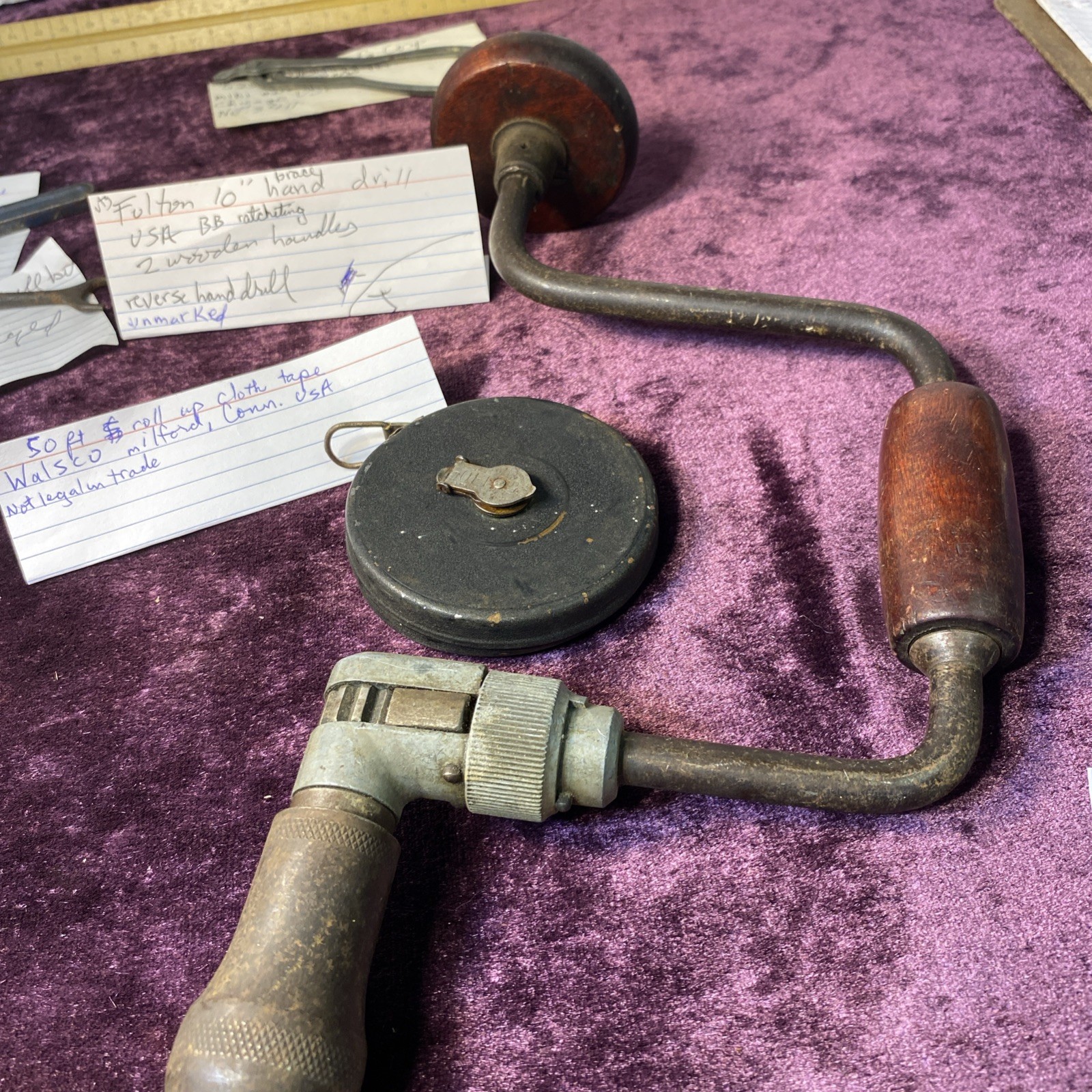 Lot Of 6 Vtg Old Hand tools,10” Drill 5” Indestro ,Walsco Cloth Tape J343t6