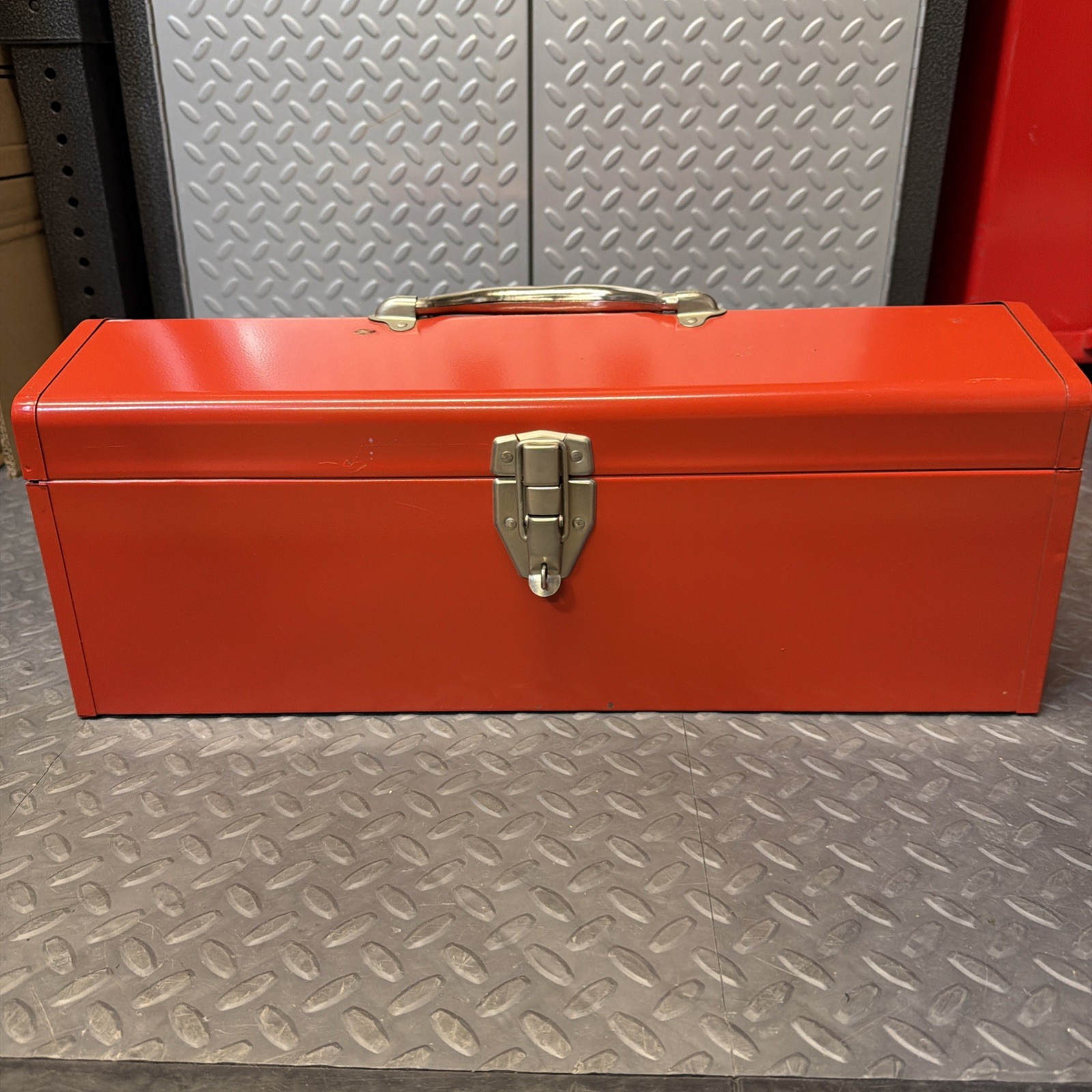 Vintage Heavy Duty Orange Red Metal Tool Box With Tray Insert Used