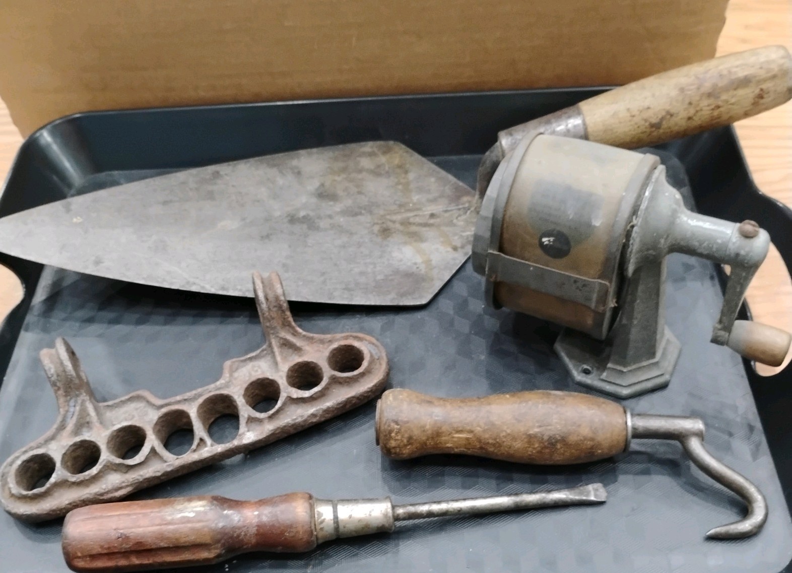 5 pcs Lot of vintage tools -mason tool, pencil sharpener, hook+