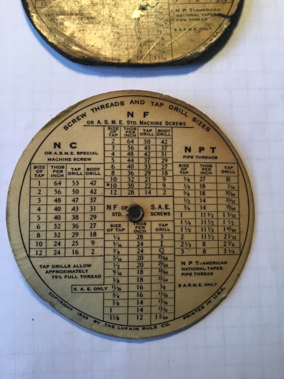 3 VINTAGE LUFKIN RULE CO 1935 TOOLS TAP DRILL SCREW THREAD SIZE CHARTS GUIDES