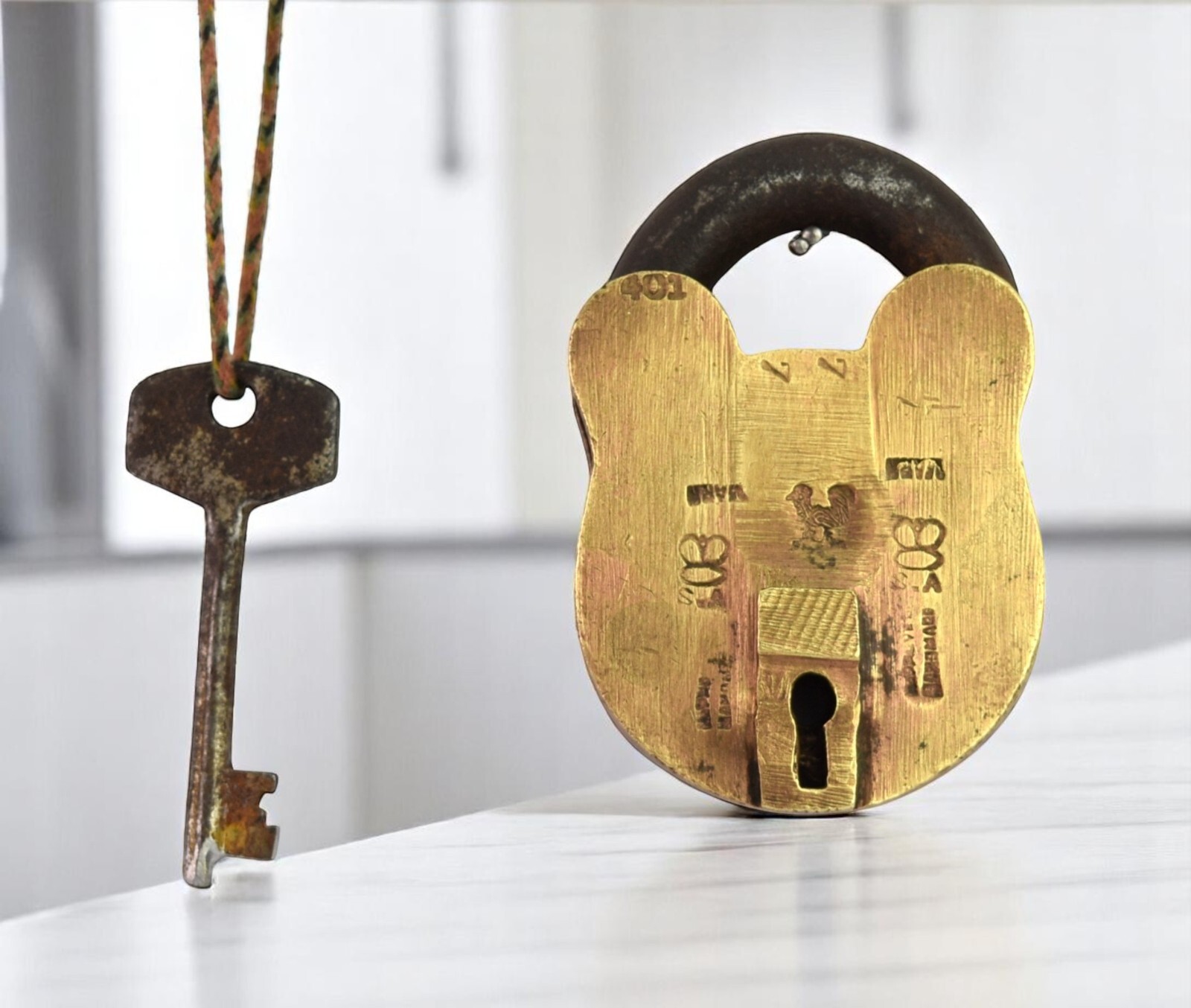 Antique Brass Decorative Indian safety Padlock with 1 Key Collectible. G2-302