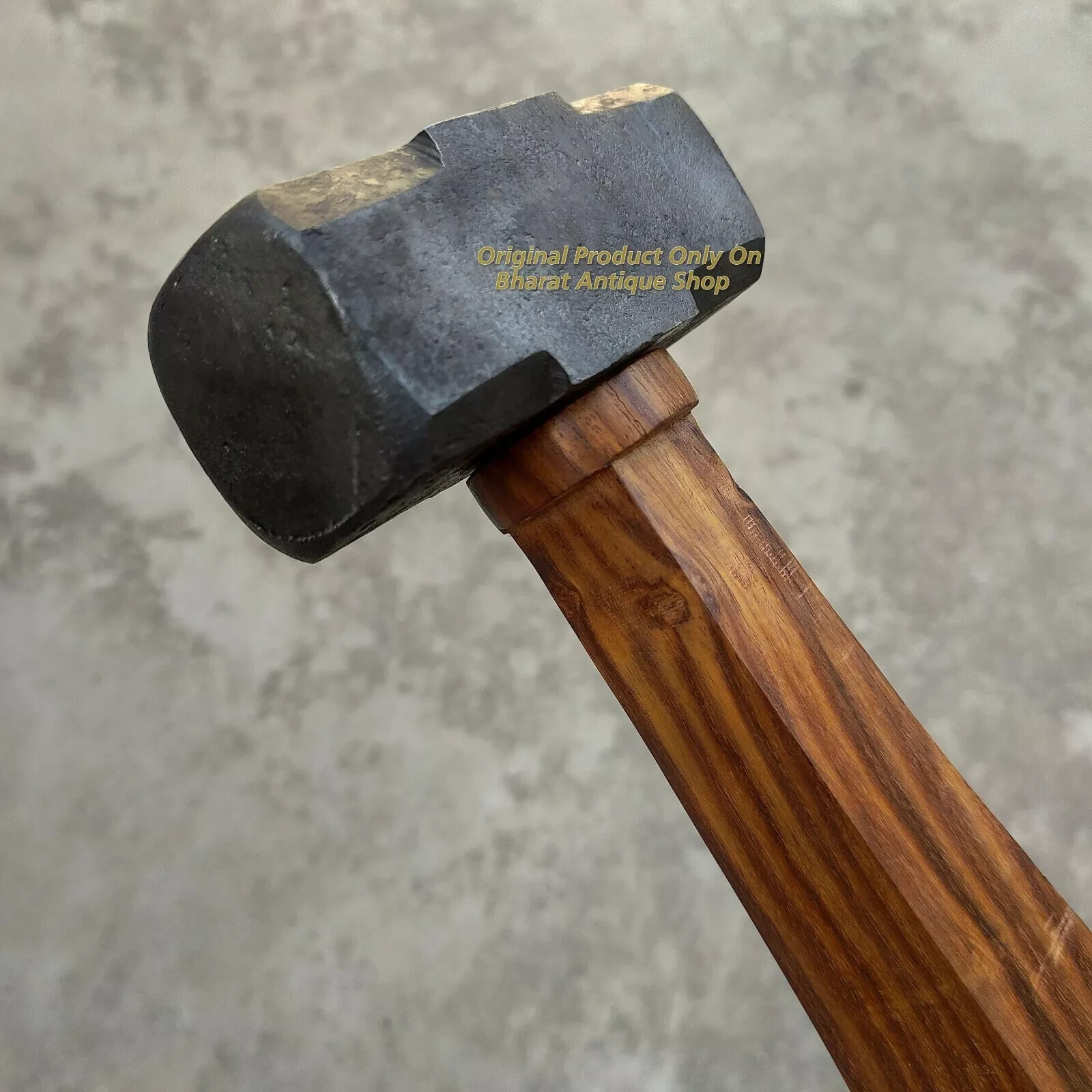 Black Iron 1 Kg Round Flat Hammer Blacksmith Wooden Handle Collectible Useful