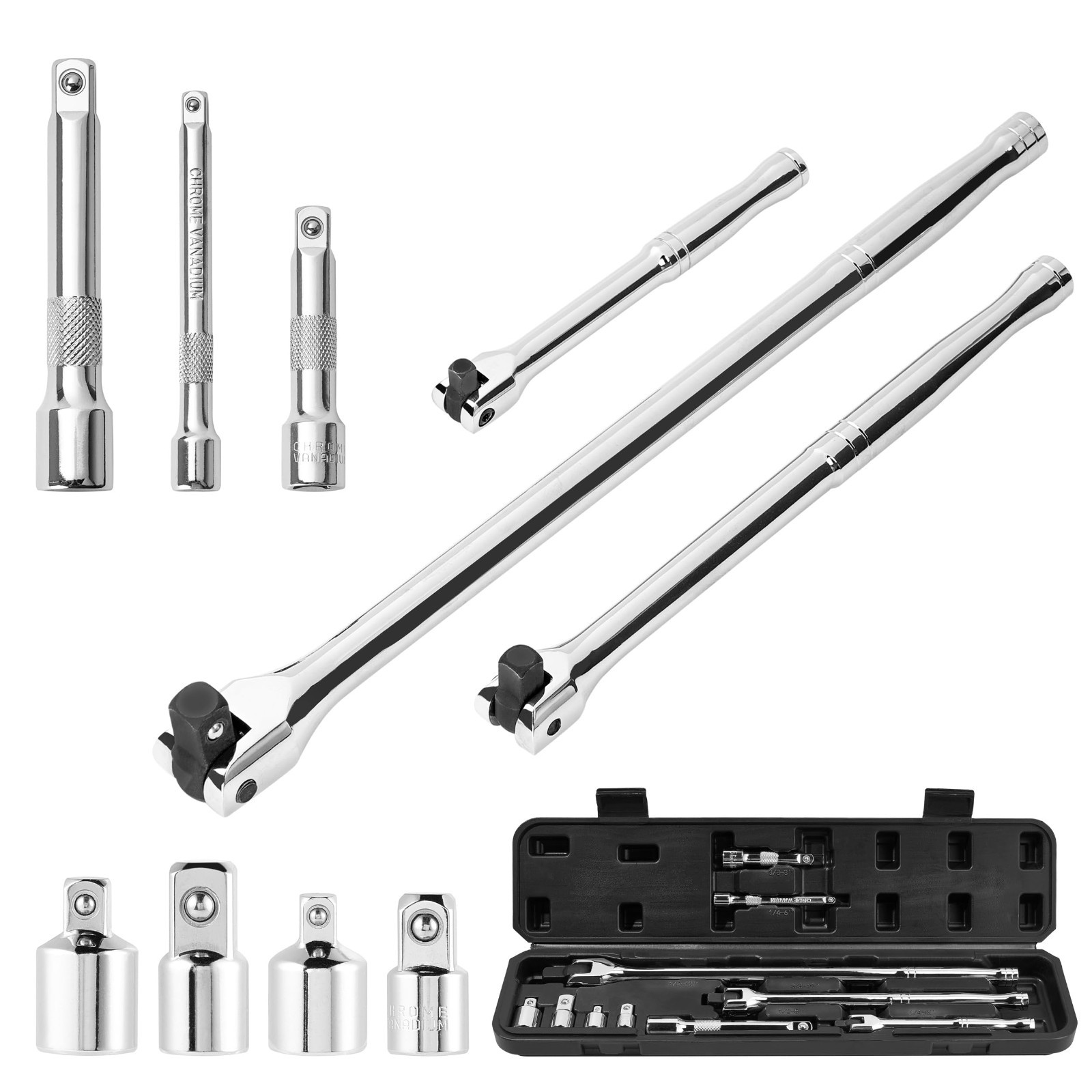 10-Piece Breaker Bar Set – 3/8″, 1/2″, 1/4″ Drive, 180° Rotatable Head, Organize