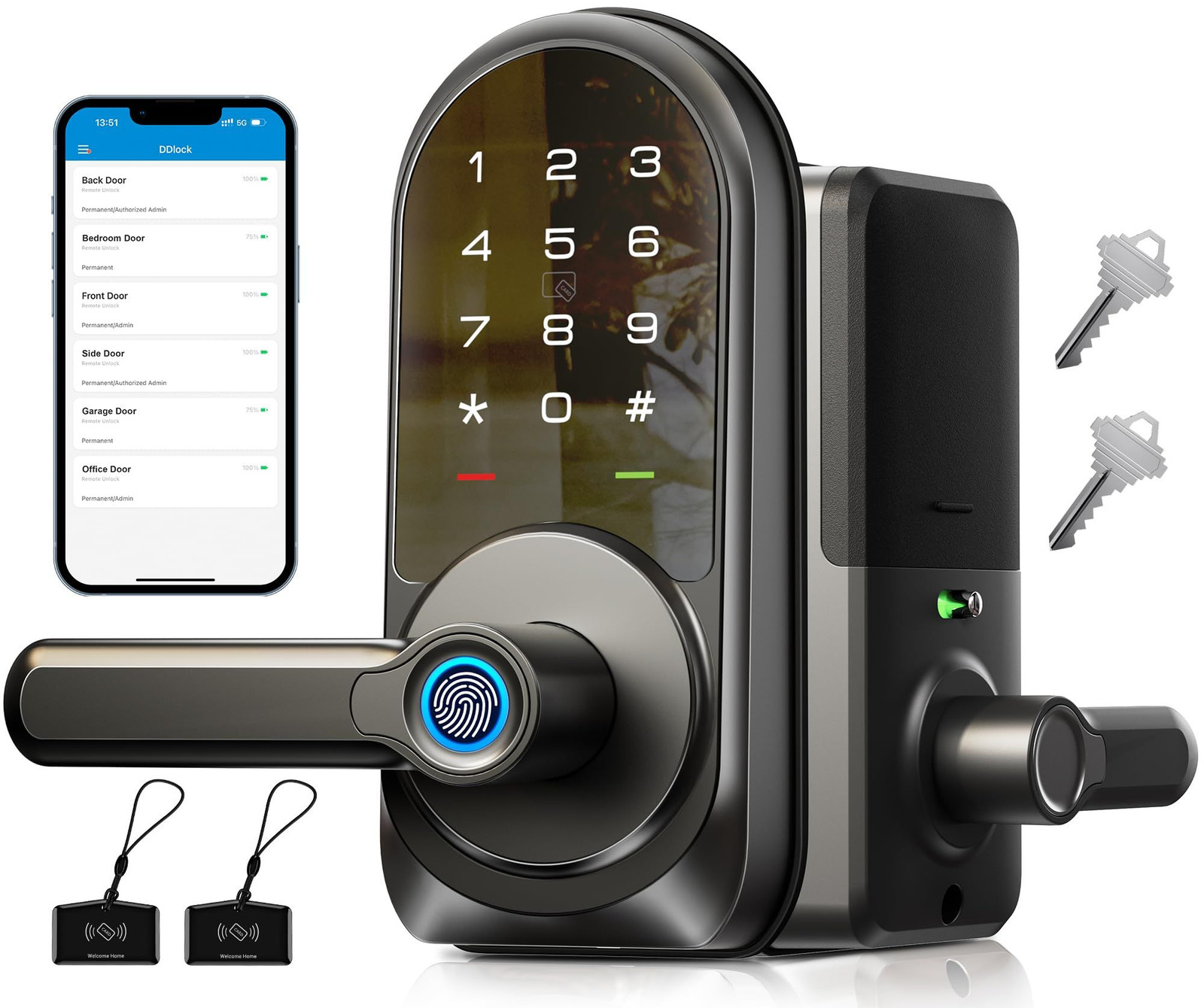 Veise RZ09 Smart Lock, 7-in-1 Keyless Entry with Handle Set, APP Matte Black