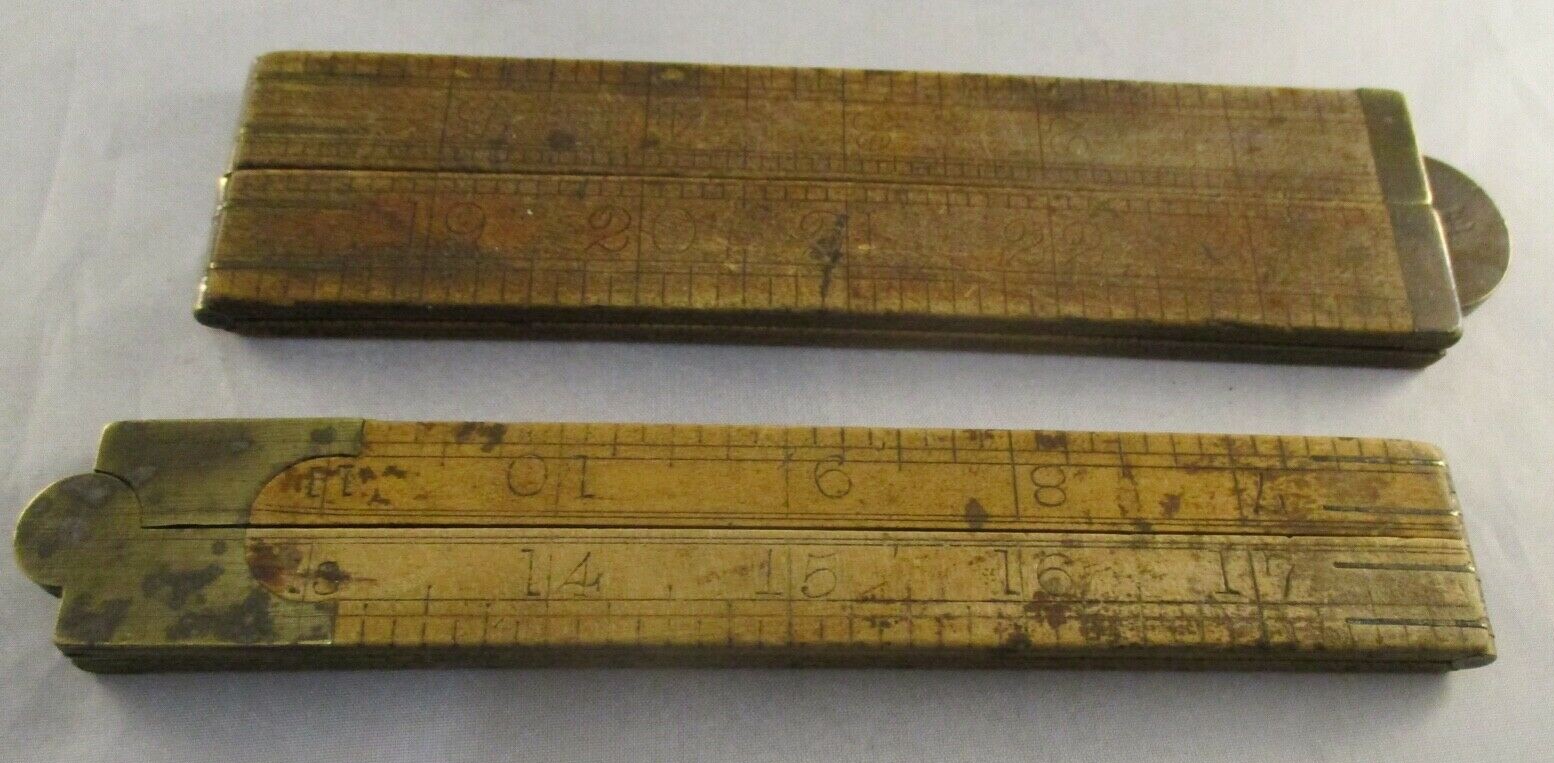 Vintage Retro Carpenters Wooden / Brass Rulers Great Display Man Cave No 1