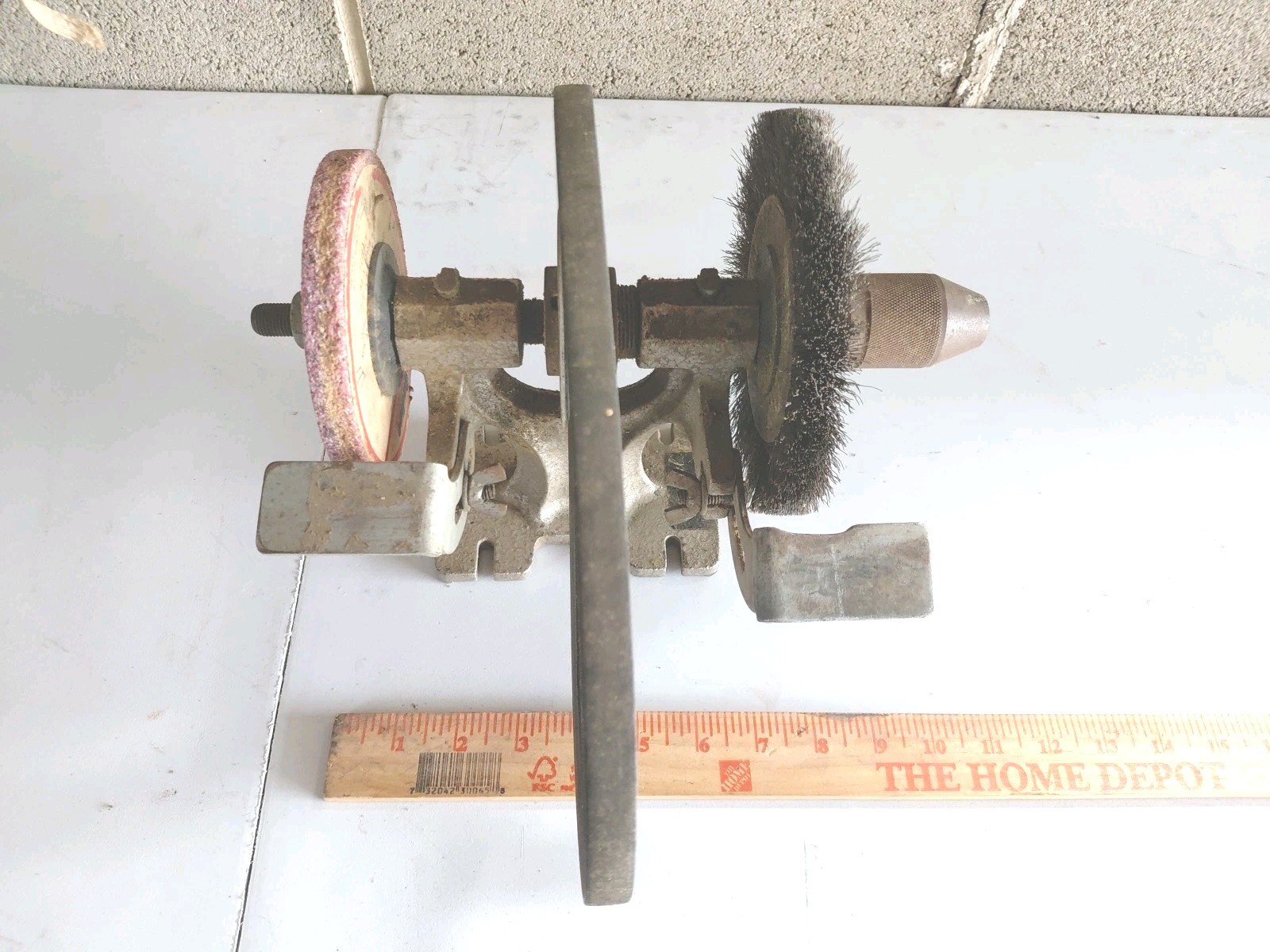 Vtg GENERAL WIS. Belt Driven Bench Grinder Cast Iron Industrial Wire Wheel Stone