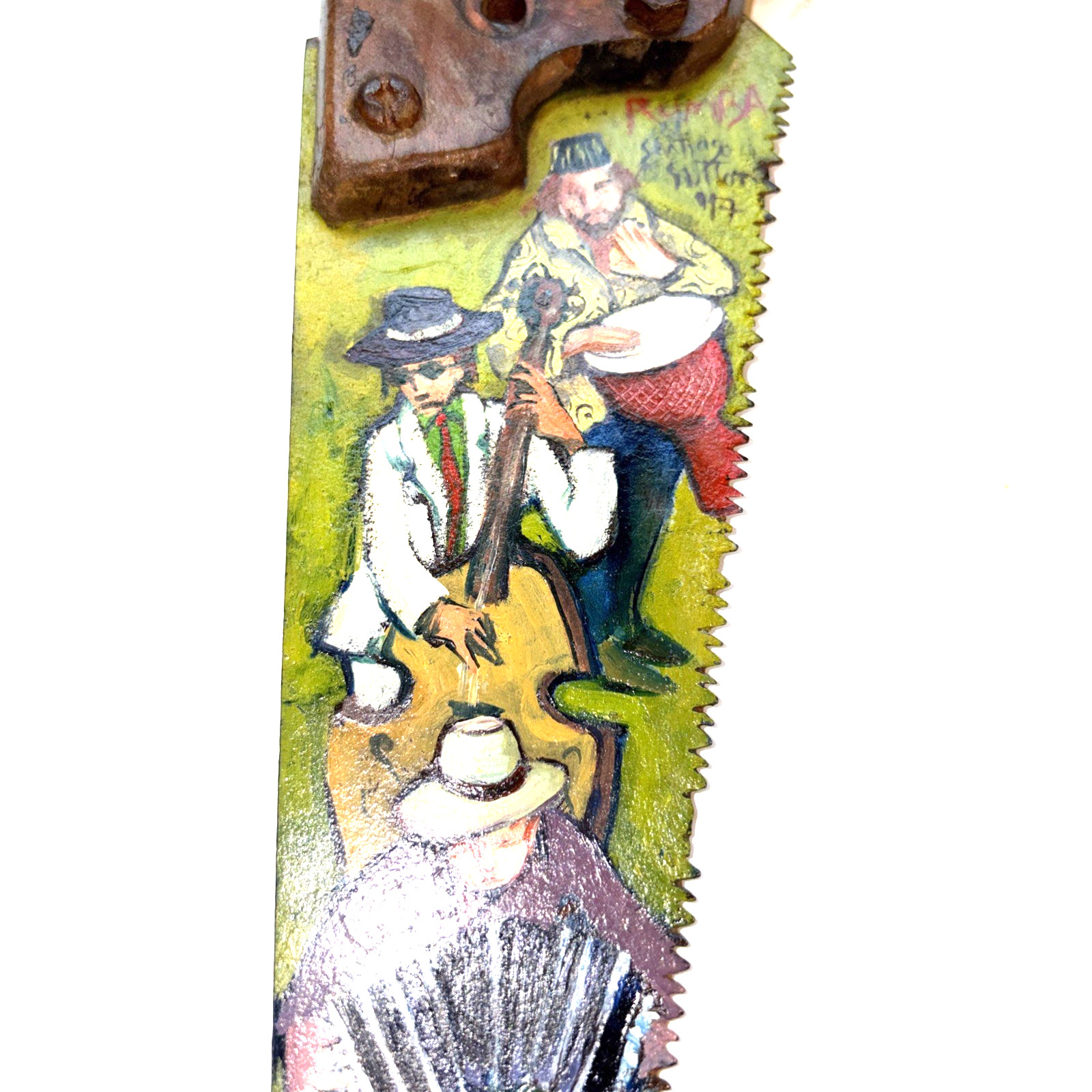 Hand Painted 16″ Saw Latin America Musicians and Señorita Signed by Artist