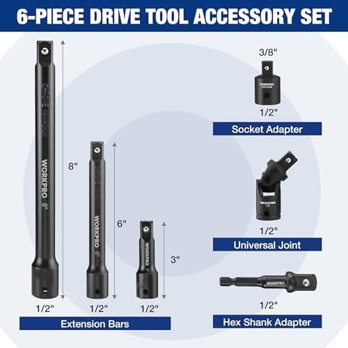 WORKPRO 1/2″ Drive Impact Socket Extension Bar and Adapter Set, 6-Piece | Inc…