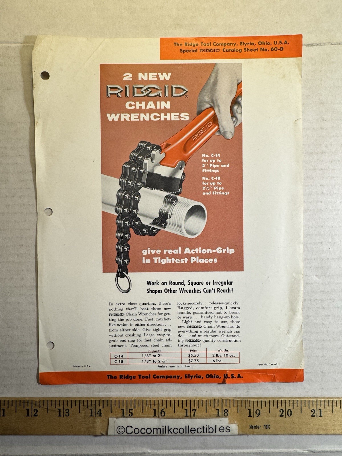 Vintage Ridge Tool Co Ridgid Chain Wrenches No. 60-D Elyria Ohio Brochure