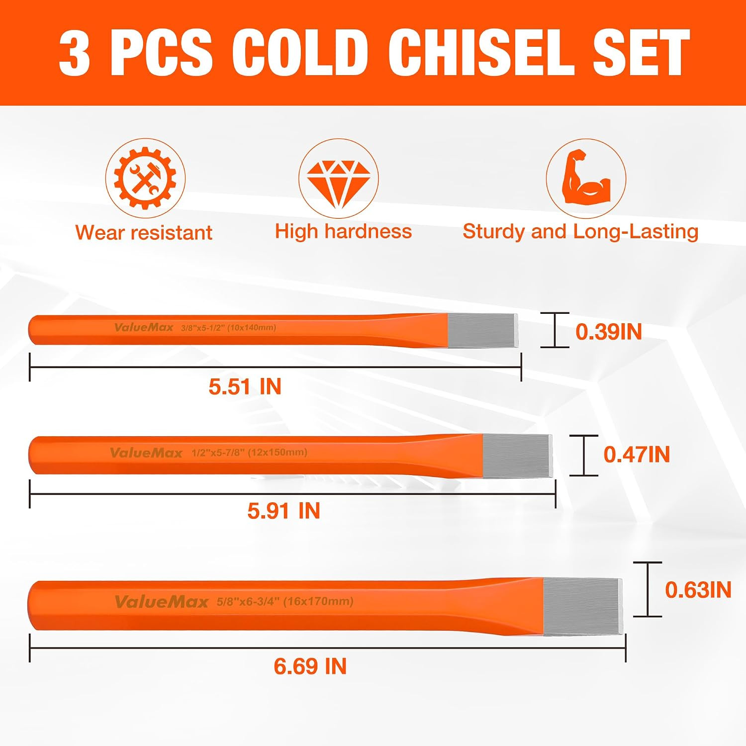 3-Piece Heavy Duty Cold Chisel Set, 3/8-Inch, 1/2-Inch & 5/8-Inch