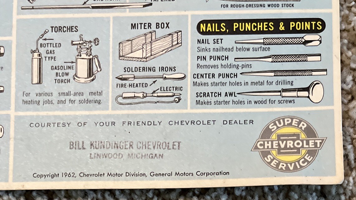 CHEVROLET SUPER SERVICE 1962 Hand Tools 16”x11” chart poster Kundinger Dealer Ad
