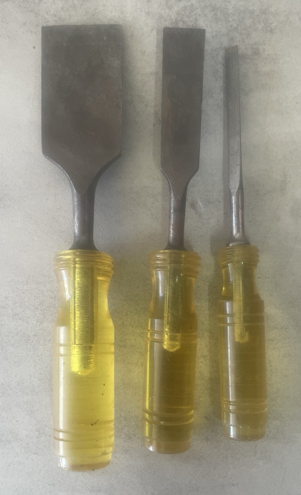 Vintage E.A. Berg Shark-O-Lite Chisels 3pc 3/8 3/4 1-1/2 Sweden