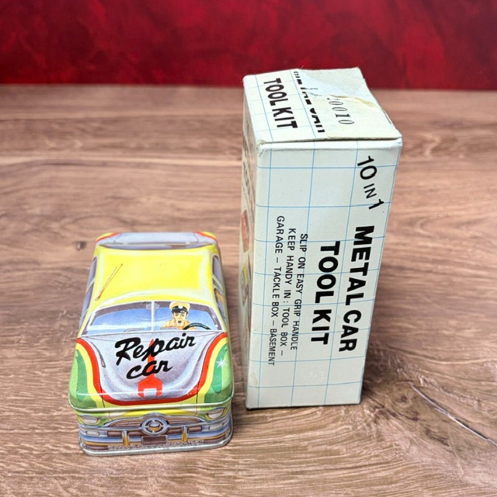 Vintage 10 in 1 Metal Car Tool Kit Hong Kong Tin Box Missing 1 Driver AS IS