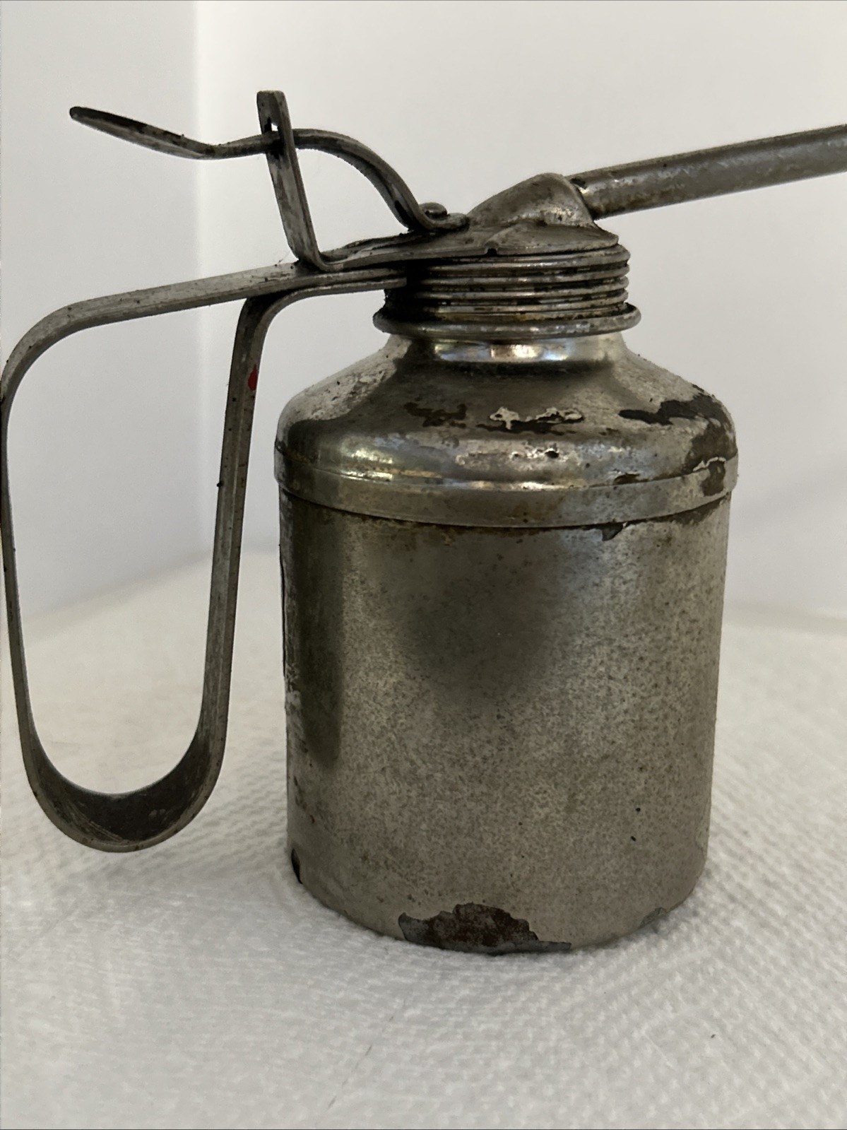 Vintage Plews Pump Oil Can Long Spout Metal Thumb Oiler USA Garage Tool Oiling