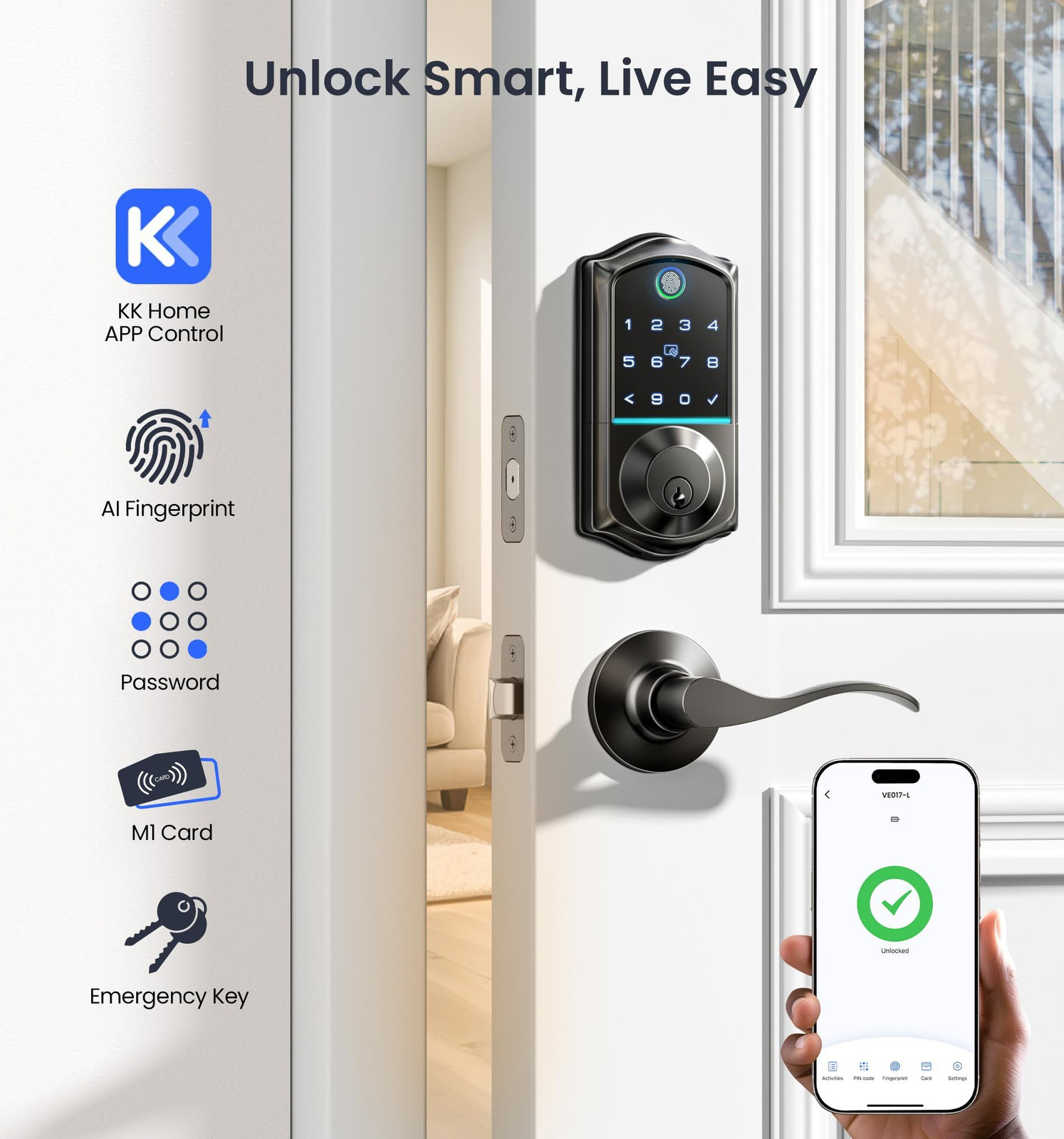 Veise VE017-L Fingerprint Smart Lock with Lever Handles, App Matte Black