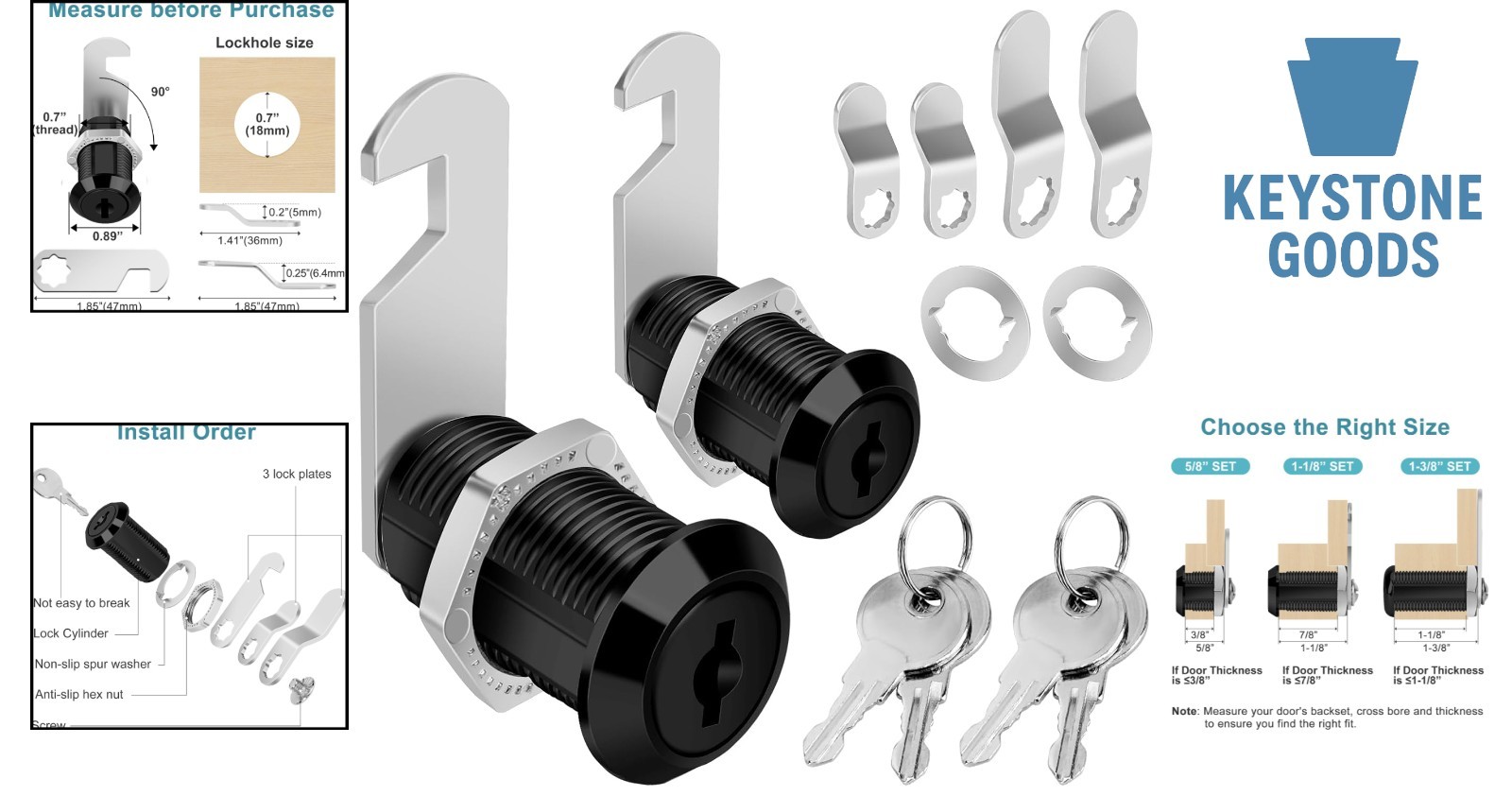 Keyed Alike Black Cabinet Cam Locks 1-1/8″, 2 pcs with 4 Keys for RV, Drawer,…