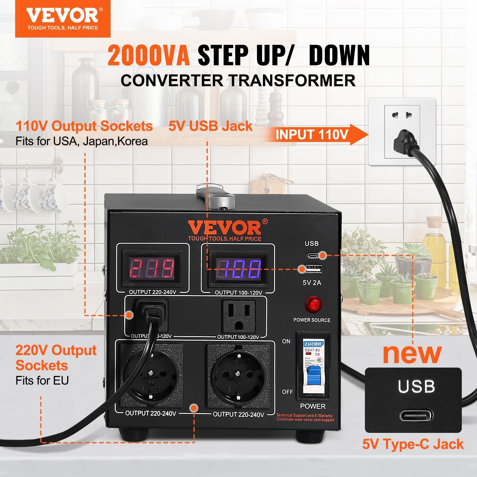 2000W Voltage Converter Transformer Step Up Down 110V 220V USB Port