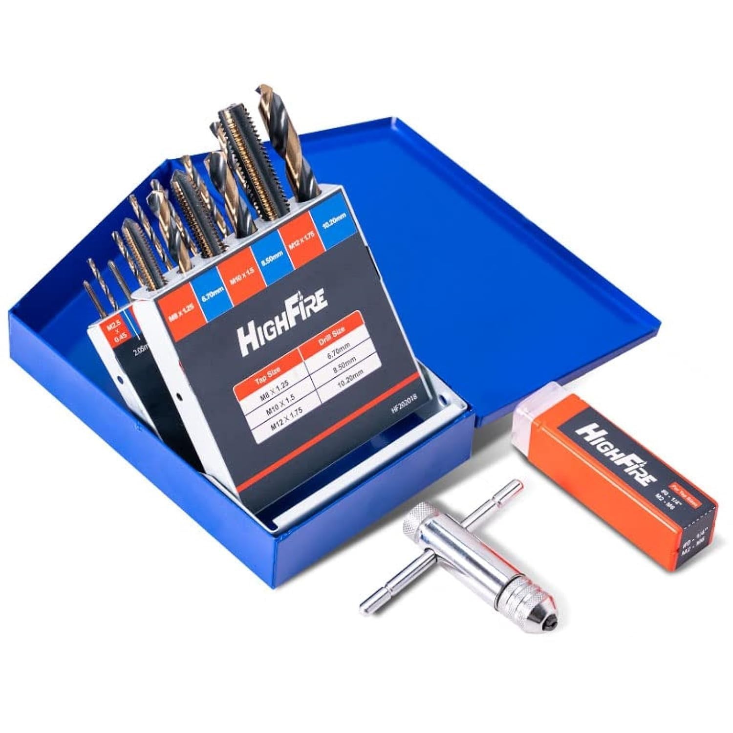 HIGHFIRE 18-Piece Metric Drill and Tap Set with 1 Piece T-Handle Ratchet, Bla…