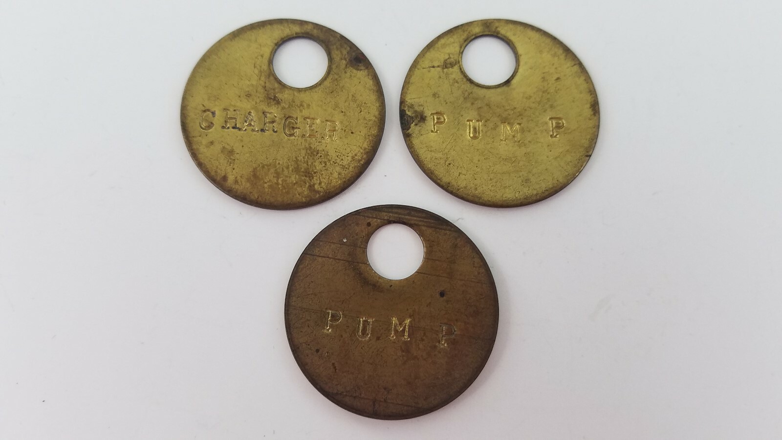 Tool Check Tags Pump Charger FOB Older AS IS Vintage Lot Of 3 Brass Tone Metal