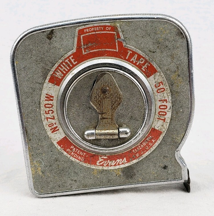 Vintage EVANS 50′ Foot White Tape Steel TAPE MEASURE Hand Crank