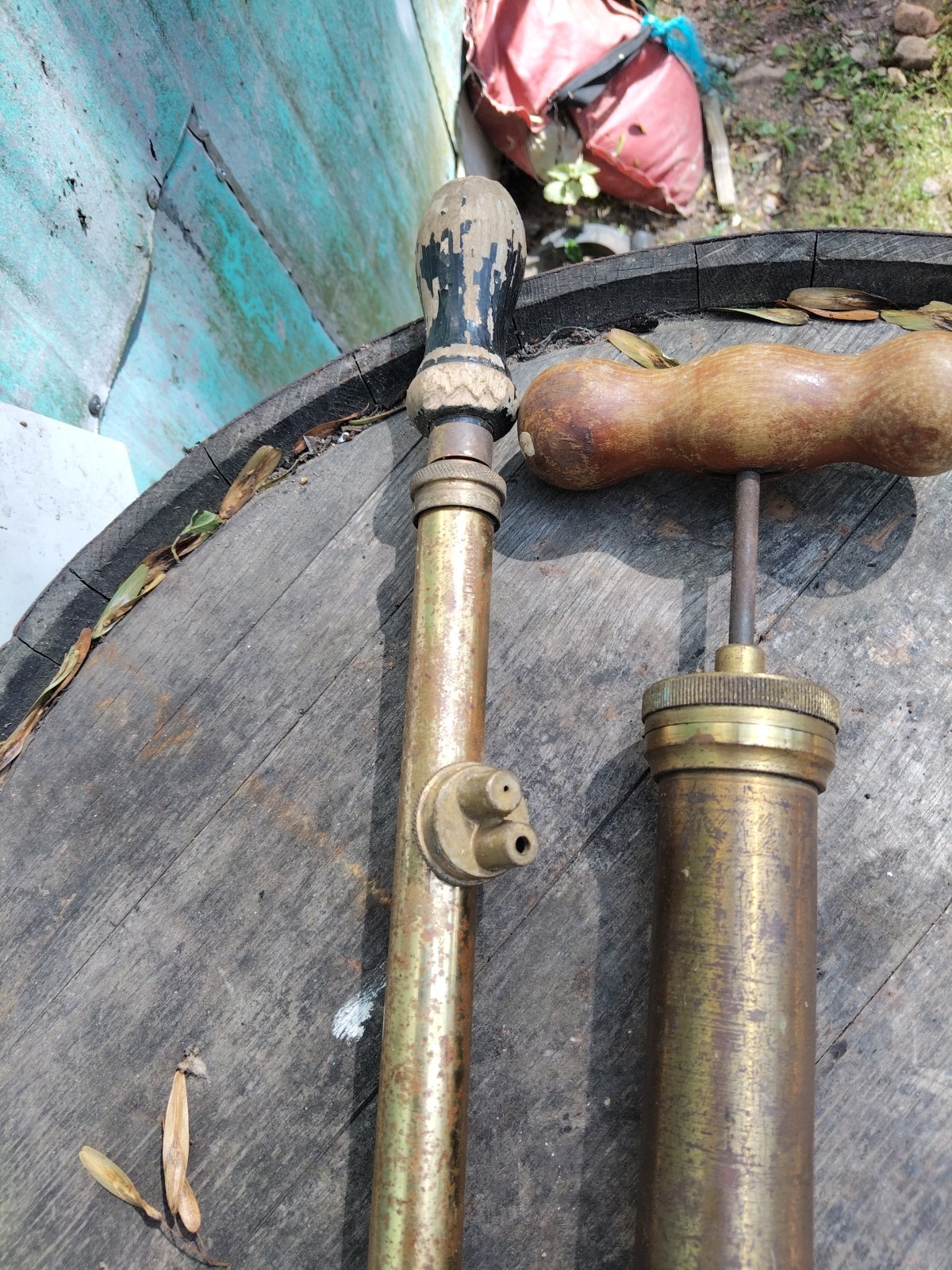 Vintage Brass Grease Gun And Sprayer Wooden Handle x 2 Vintage Tools