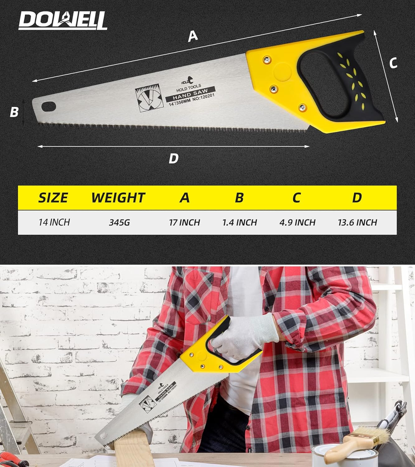 DOWELL 14 in Hand Saw – 11 TPI Fine Cuts Wood Saw Perfect for Sawing, Trimming,