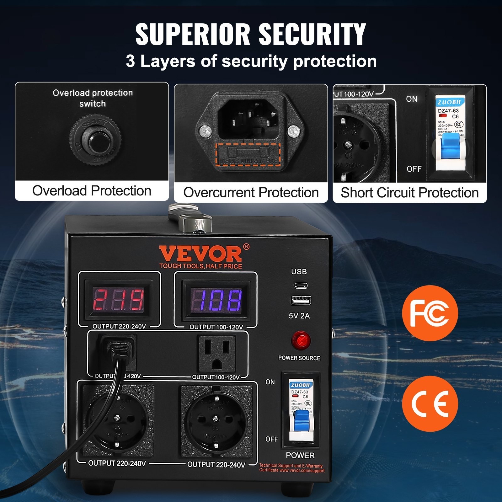 2000W Voltage Converter Transformer Step Up Down 110V 220V USB Port