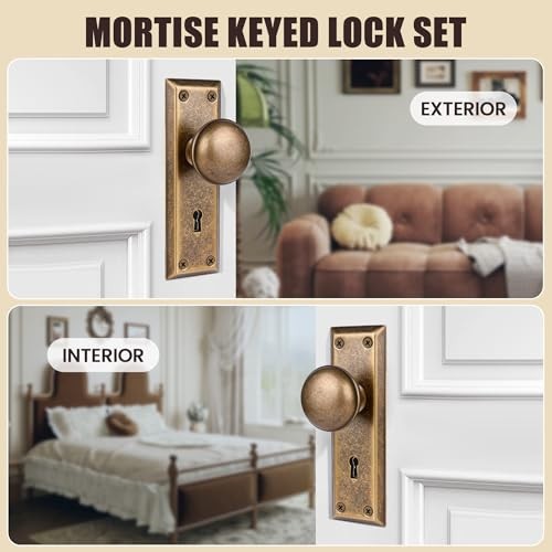 Mortise Lock Set for Interior Door, Vintage Mortise(1 Pack) Vintage Brass