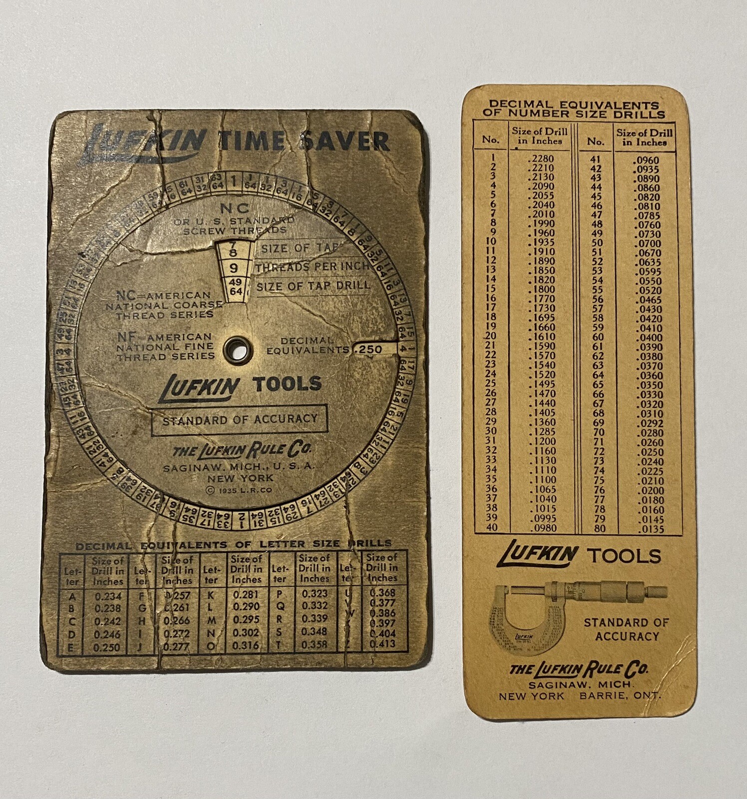 Lufkin Rule Co 1935 NC US Standard Screw Threads Tap Drill Tool Time Saver Chart