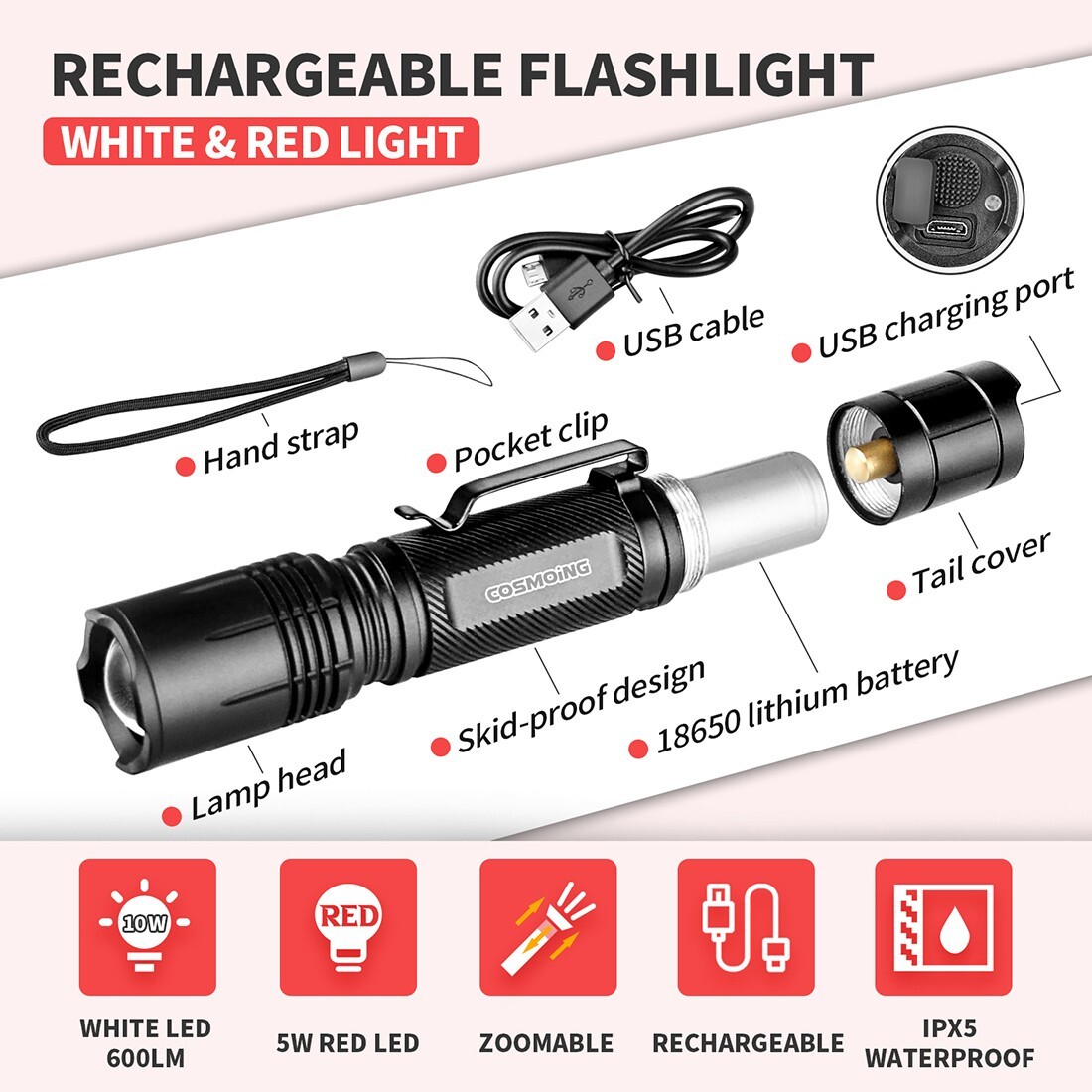 Red Light LED Flashlight Zoomble 600LM Rechargeable Astronomy Night Vision Lamp