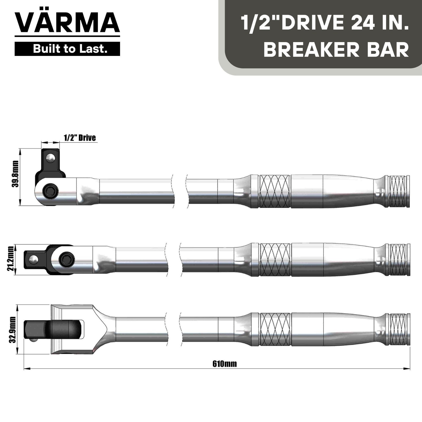 1/2-Inch Drive Breaker Bar, 24-Inch – Heavy Duty CR-MO Head & 23mm Thick S