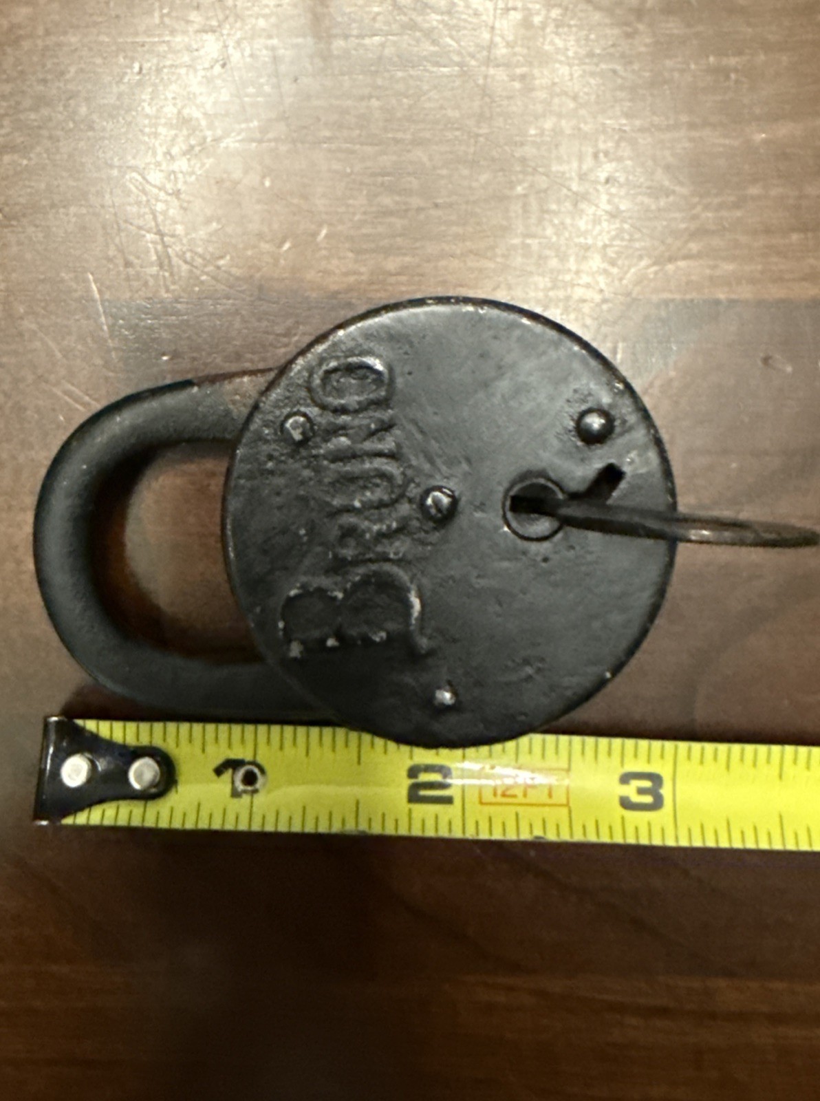 Antique Bruno Poorman’s Stamped Steel Tin Padlock Lock w Angled Key Works Pops