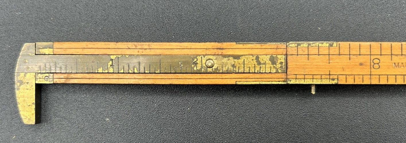 Vintage No. 32 Stanley Boxwood and Brass Folding 12″ Ruler with Slide Caliper