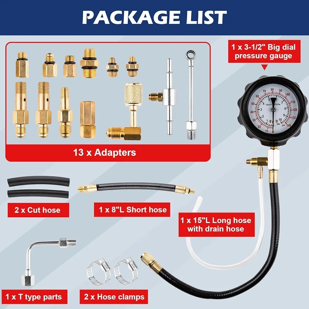 0-140PSI Fuel Pressure Tester Kit, TU-114 Oil Pressure Gauge Kit, Injection Pump