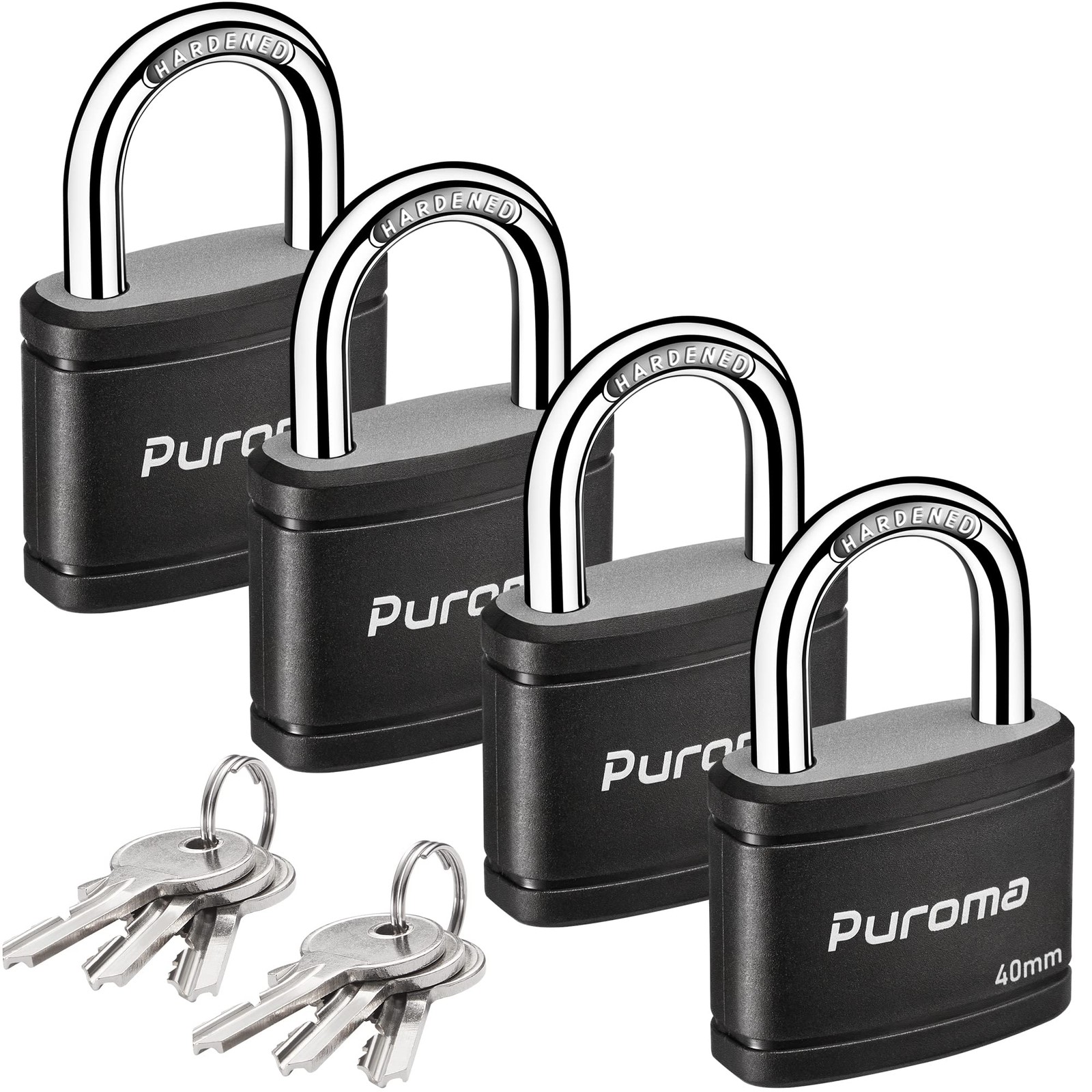 Puroma 4 Pack Keyed Padlock with 6 Keys Alike, 1.1 Inch Inch, Black