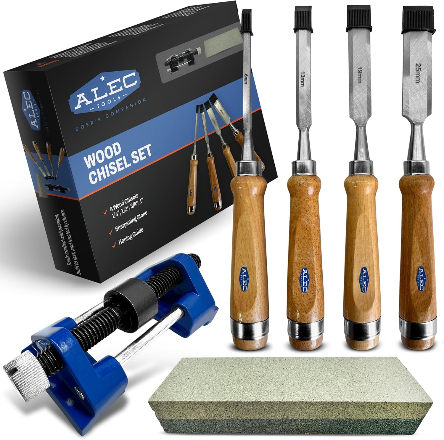 Wood Chisel Set Carpenter Tools – 4Pcs Beech Wood Carving Set with Sharpening St
